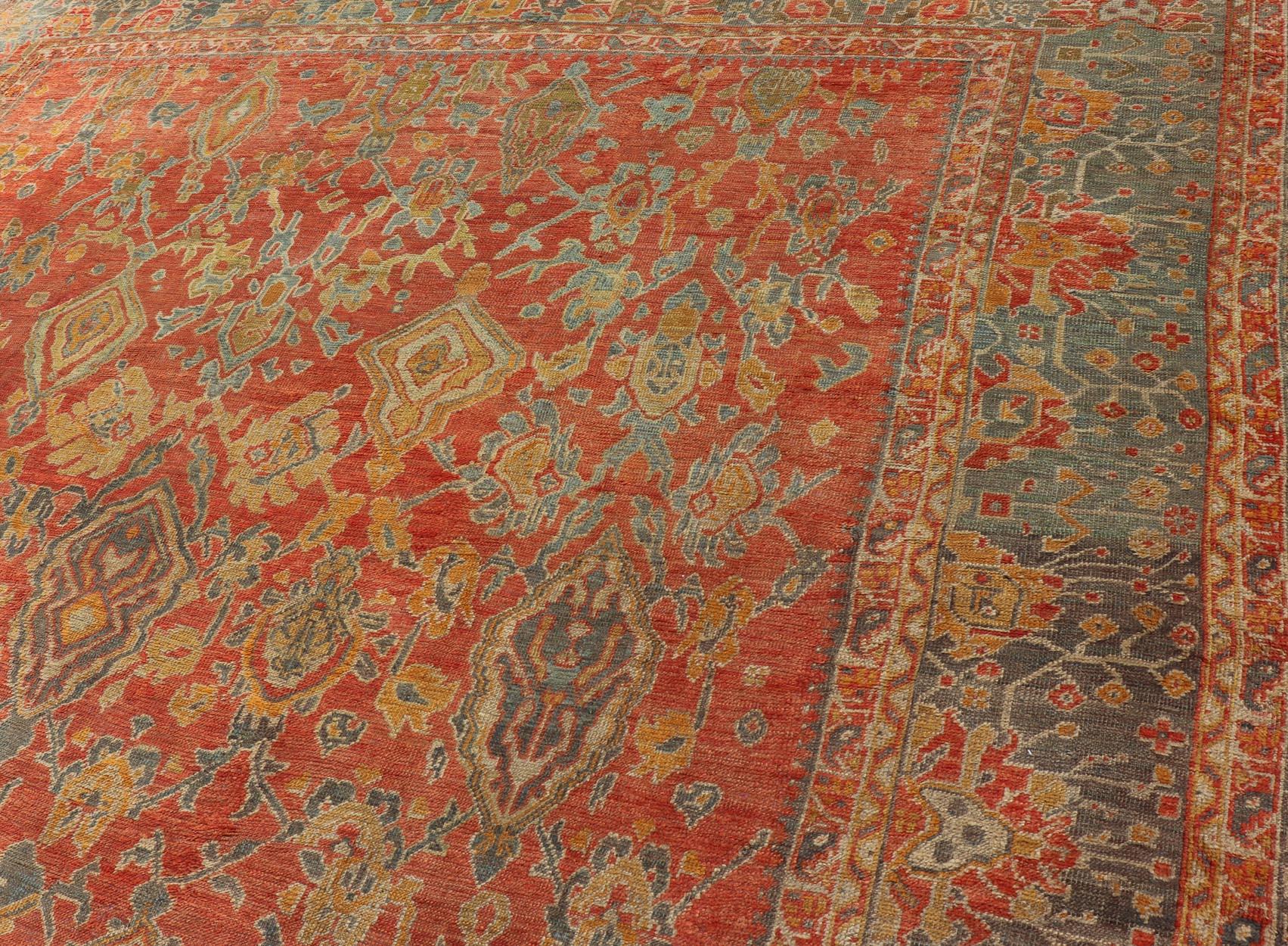 Antique Turkish Oushak Rug in Terracotta With All-Over Flower, Leaves and Vines  For Sale 4