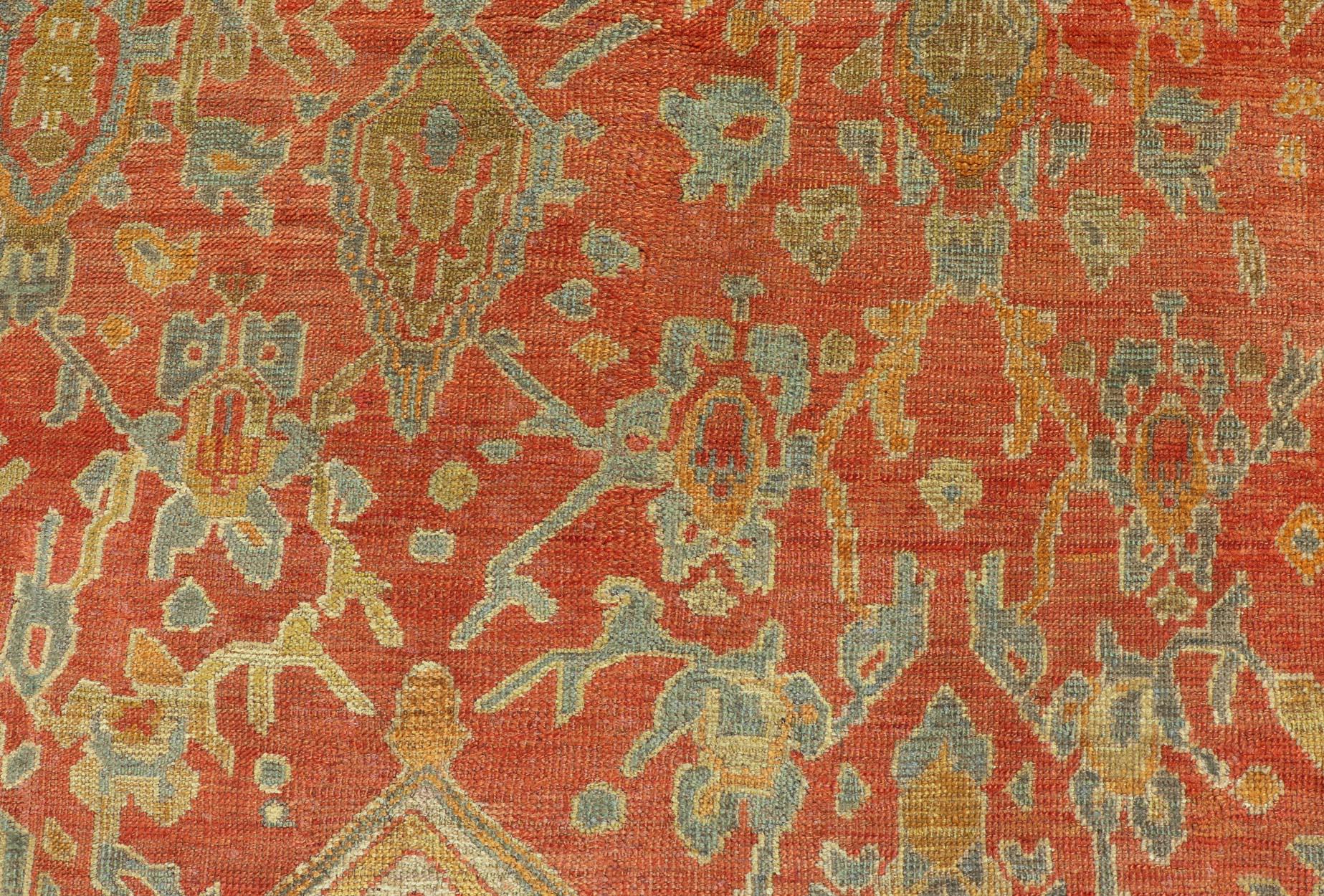 Antique Turkish Oushak Rug in Terracotta With All-Over Flower, Leaves and Vines  For Sale 5