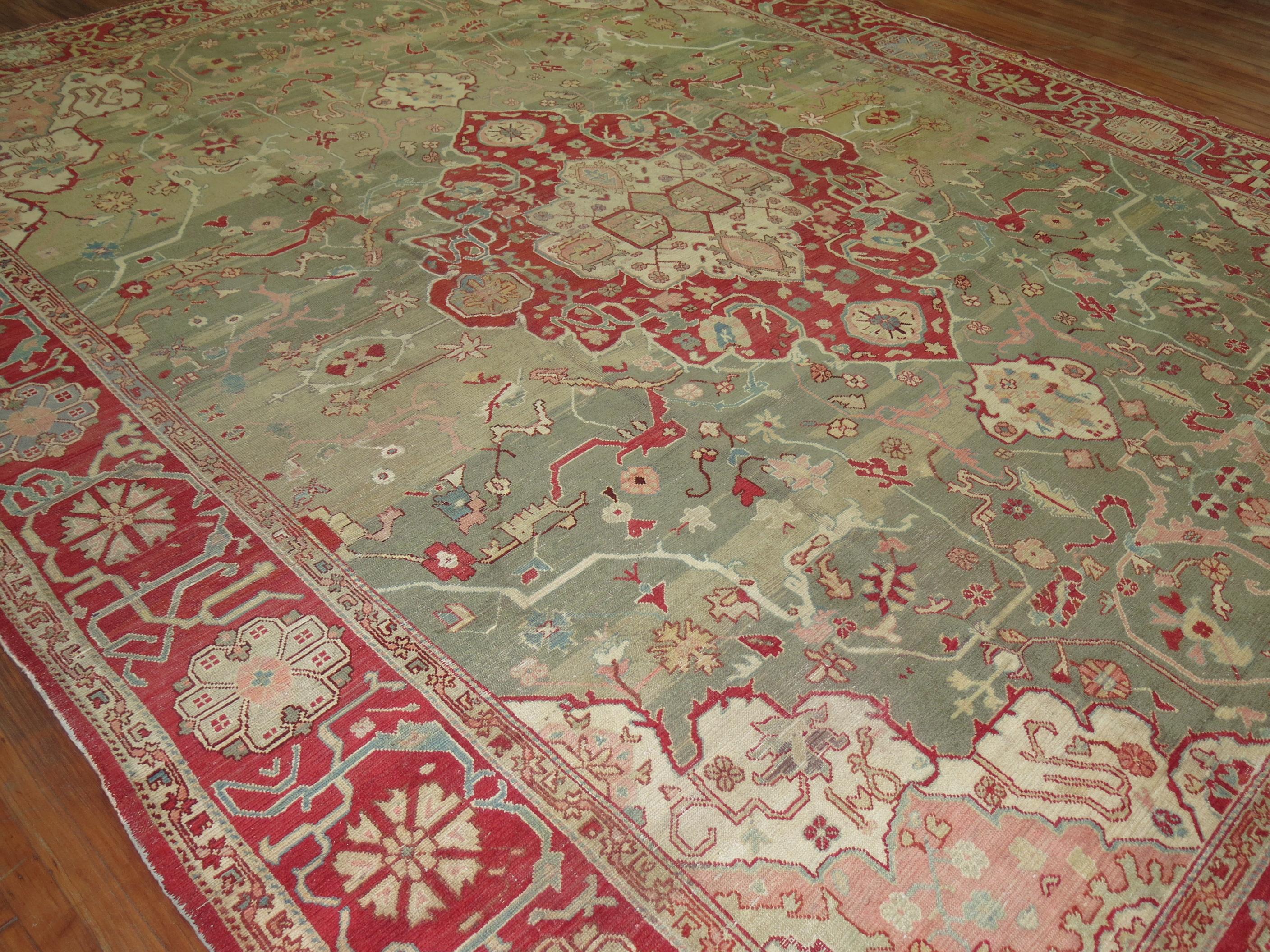 Forest Green Antique Turkish Oushak Carpet For Sale 9