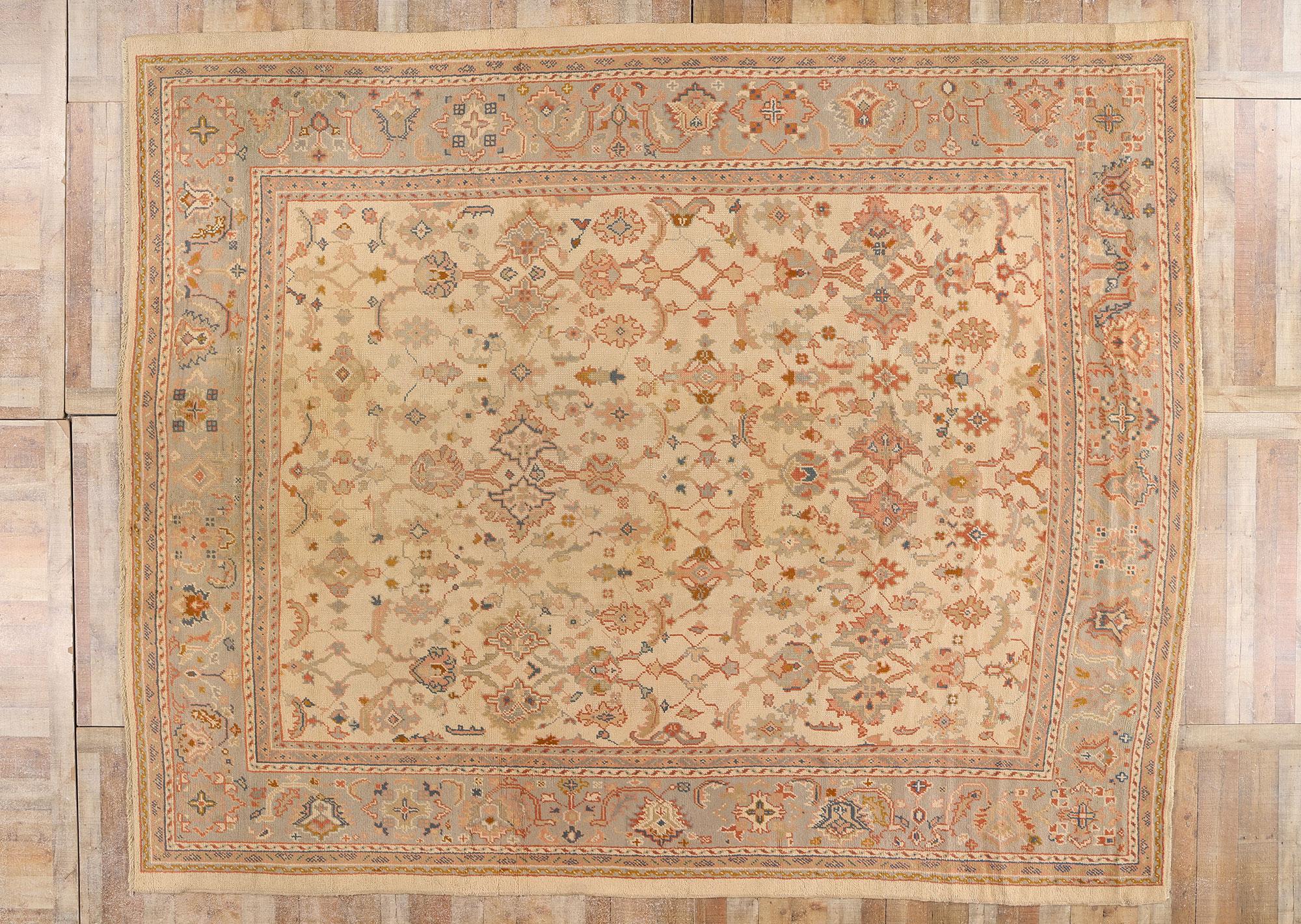 Wool Late 19th Century Antique Turkish Oushak Carpet with Traditional Style For Sale