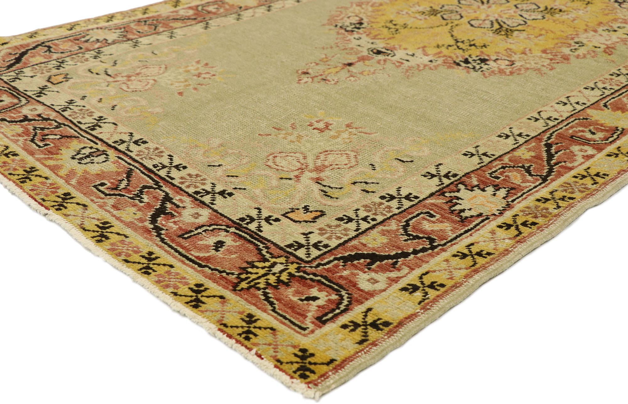 73785 Distressed Antique Turkish Oushak Rug, 03'05 X 06'05. This classic-style hand-knotted wool antique Turkish Oushak rug merges French Provincial and Rococo Romanticism with timeless Anatolian tradition. The design features an elaborate
