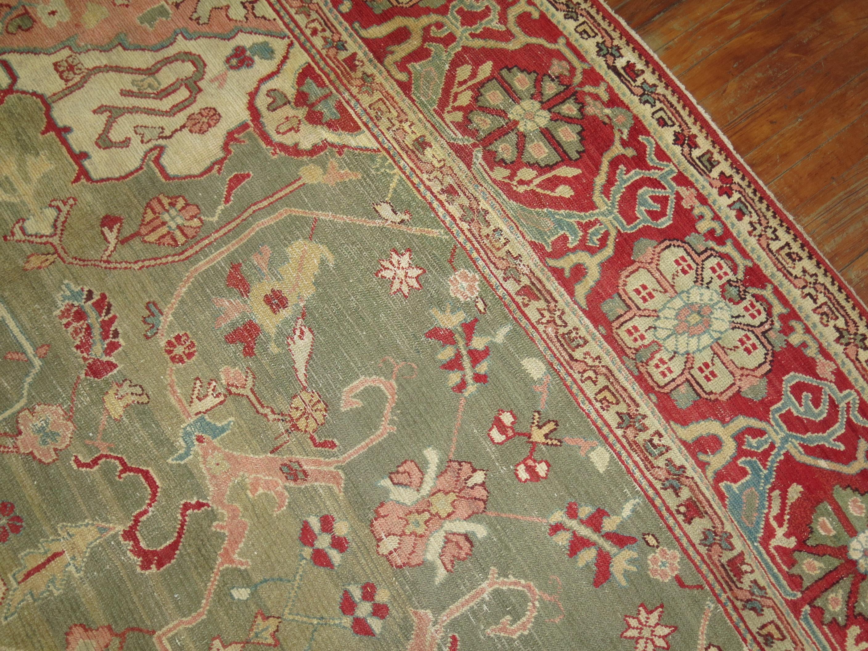 Hand-Woven Forest Green Antique Turkish Oushak Carpet For Sale