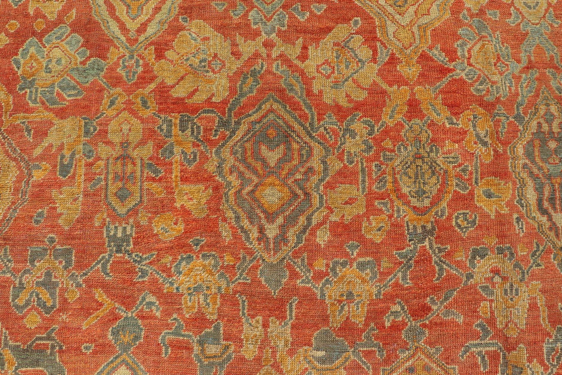 Hand-Knotted Antique Turkish Oushak Rug in Terracotta With All-Over Flower, Leaves and Vines  For Sale