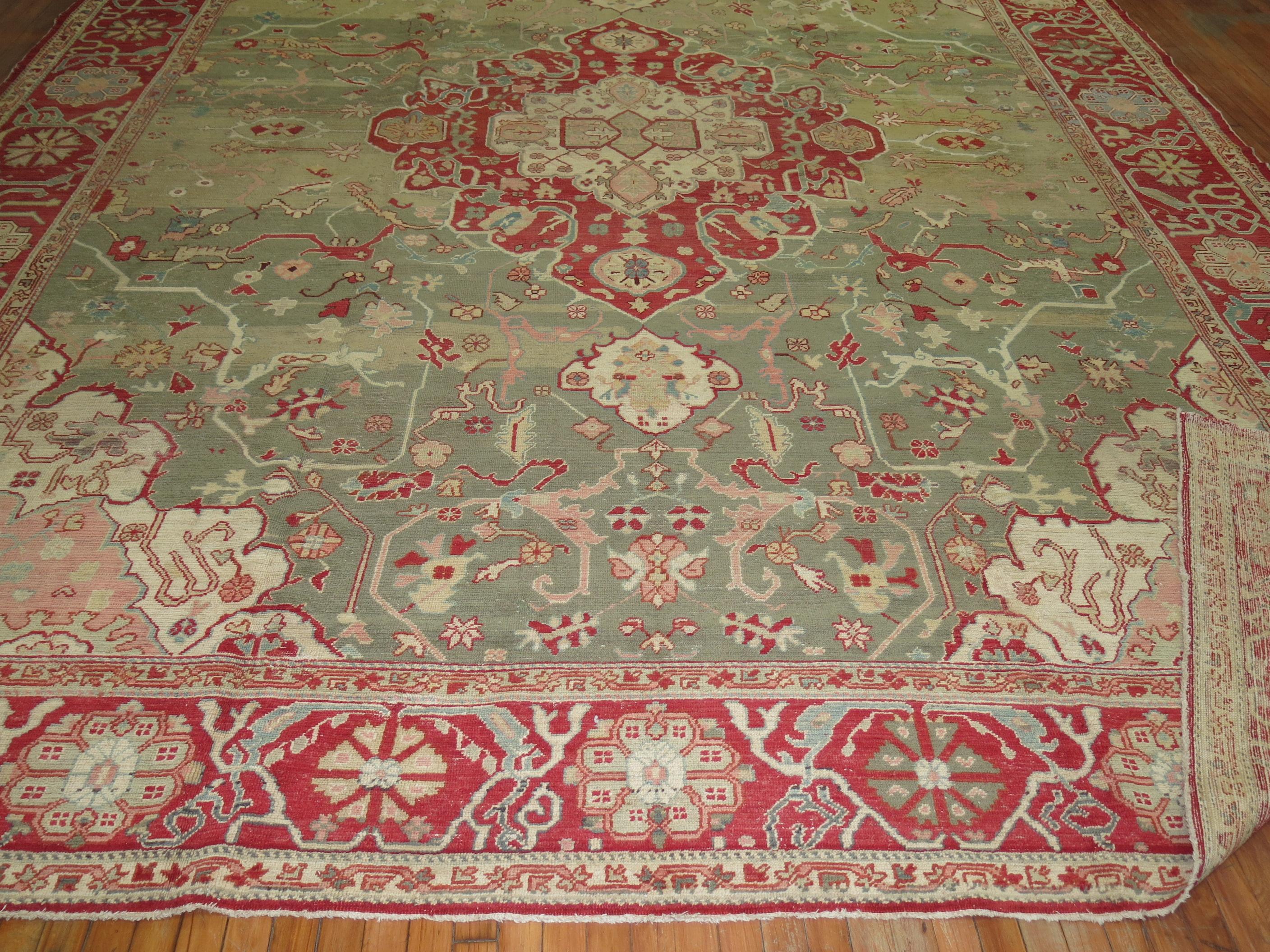 Forest Green Antique Turkish Oushak Carpet In Fair Condition For Sale In New York, NY