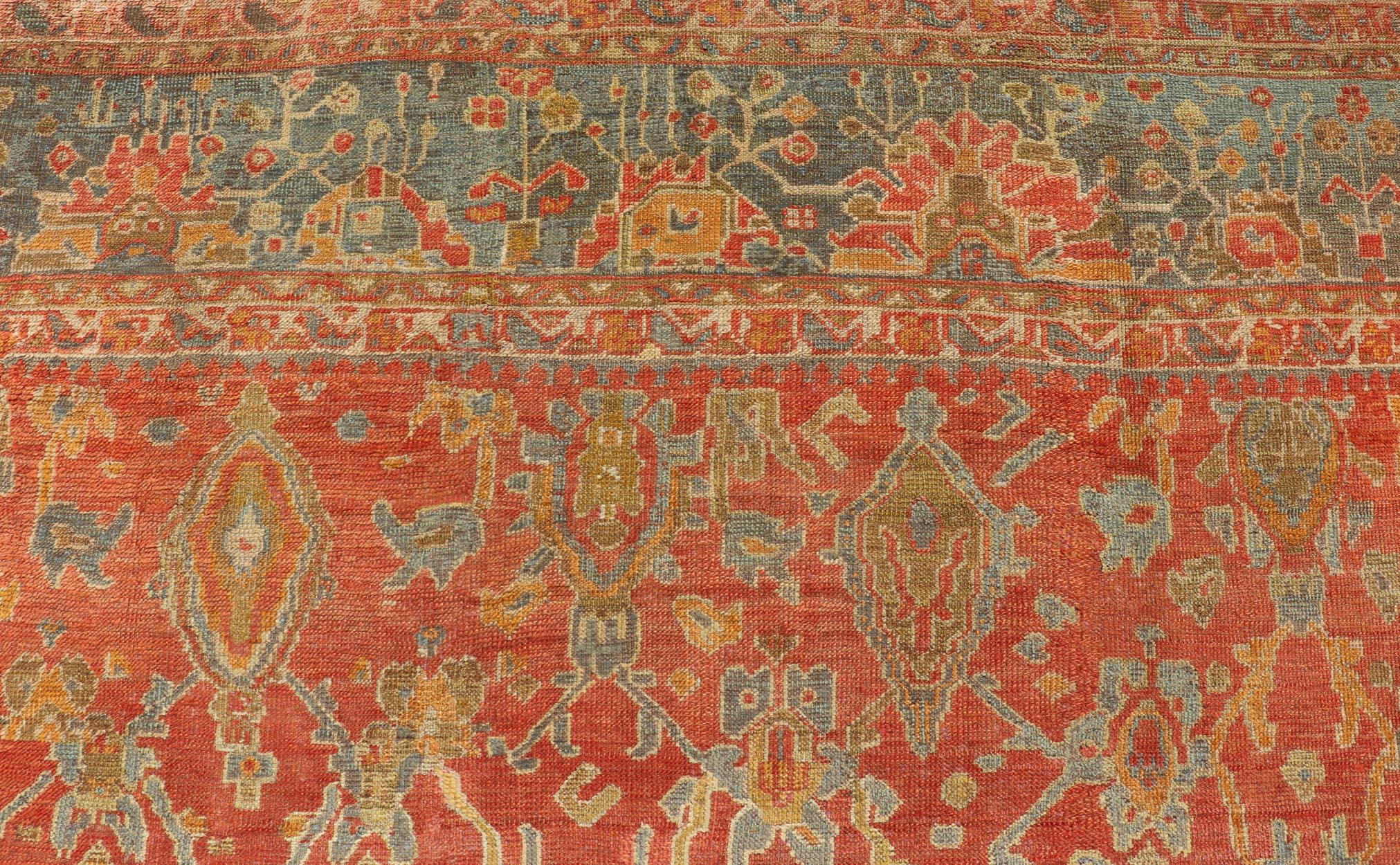 Antique Turkish Oushak Rug in Terracotta With All-Over Flower, Leaves and Vines In Good Condition For Sale In Atlanta, GA