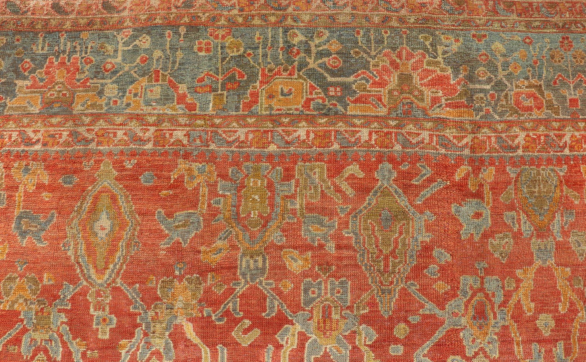 Antique Turkish Oushak Rug in Terracotta With All-Over Flower, Leaves and Vines  In Good Condition For Sale In Atlanta, GA