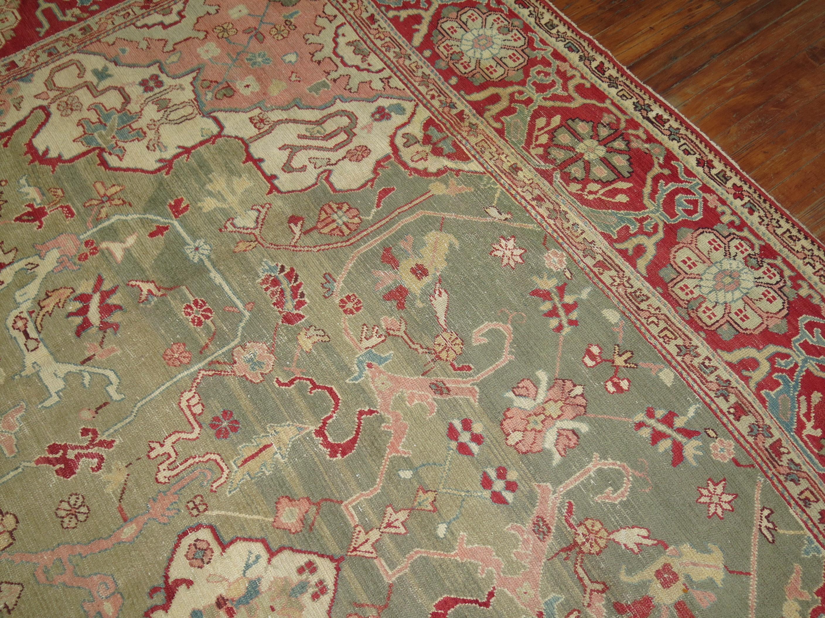 20th Century Forest Green Antique Turkish Oushak Carpet For Sale