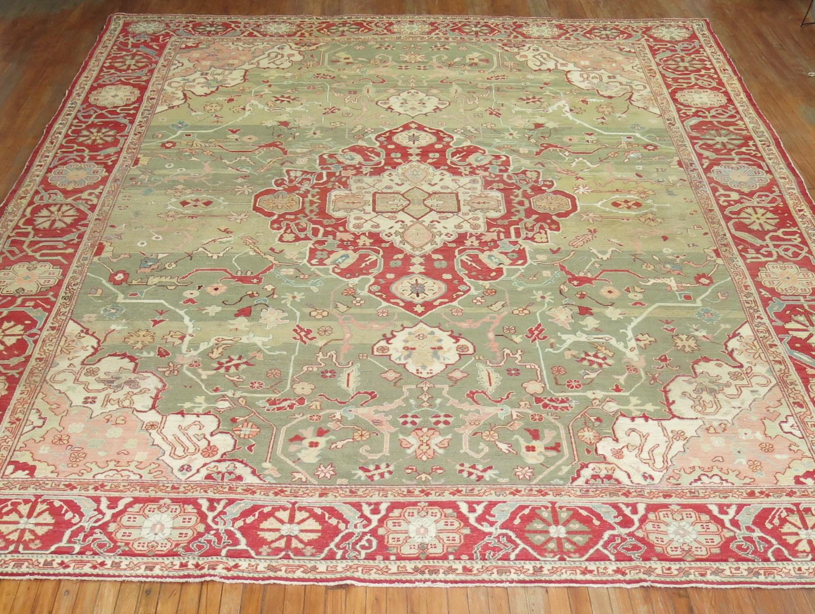Wool Forest Green Antique Turkish Oushak Carpet For Sale