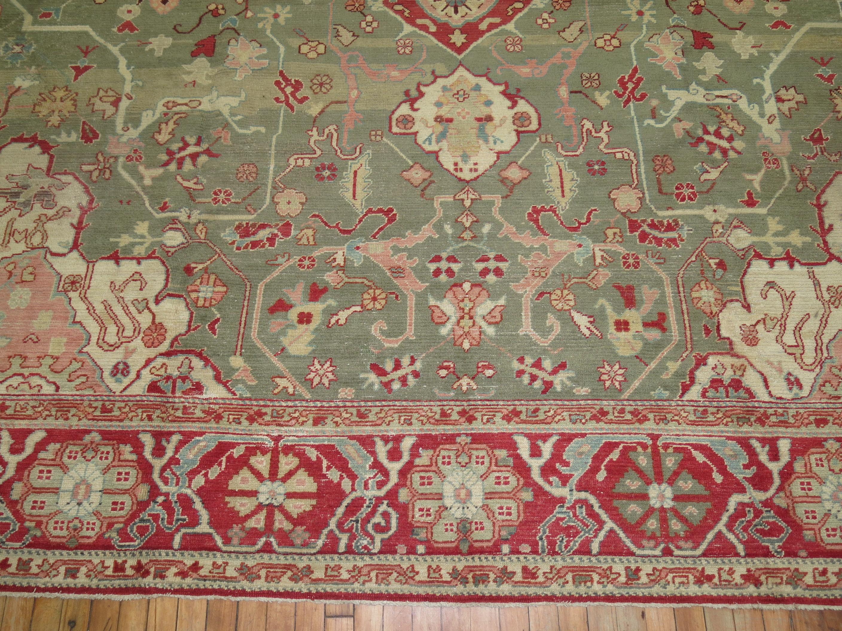 Forest Green Antique Turkish Oushak Carpet For Sale 1