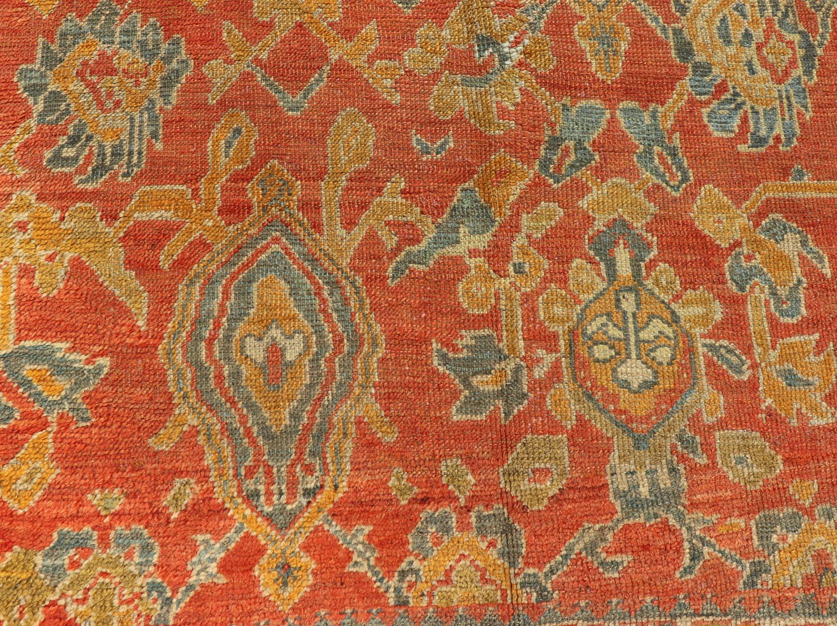 Antique Turkish Oushak Rug in Terracotta With All-Over Flower, Leaves and Vines  For Sale 1