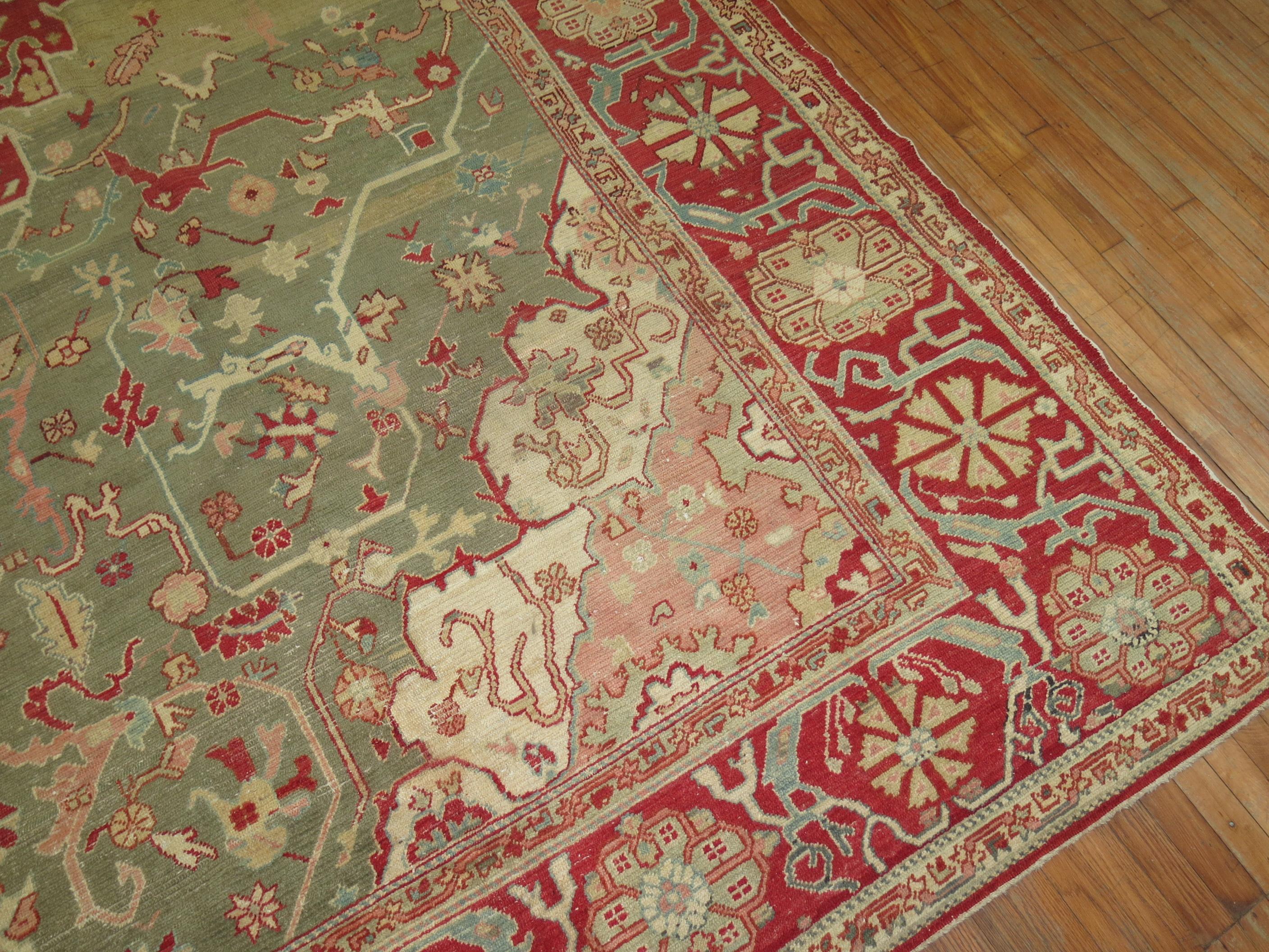 Forest Green Antique Turkish Oushak Carpet For Sale 2