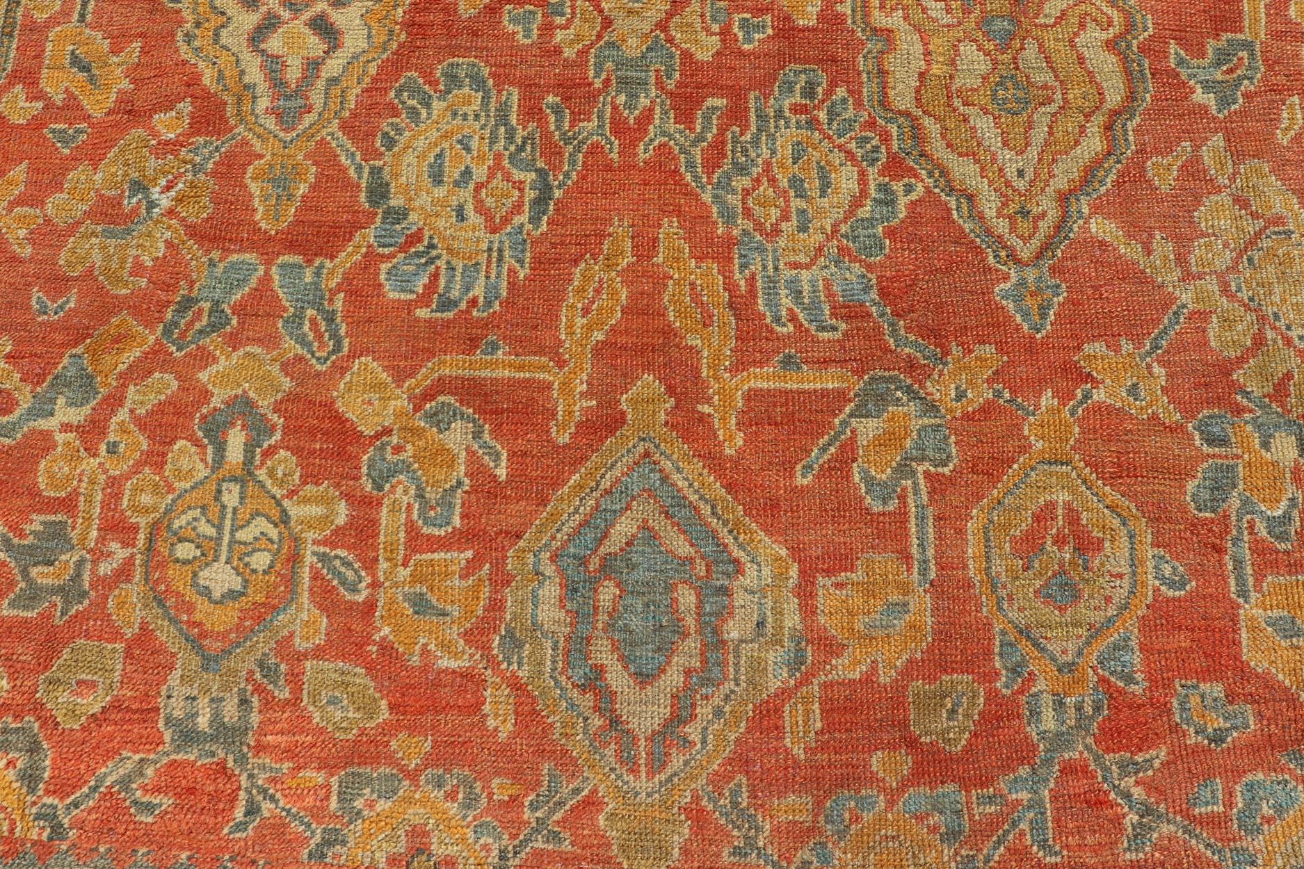 Antique Turkish Oushak Rug in Terracotta With All-Over Flower, Leaves and Vines  For Sale 2