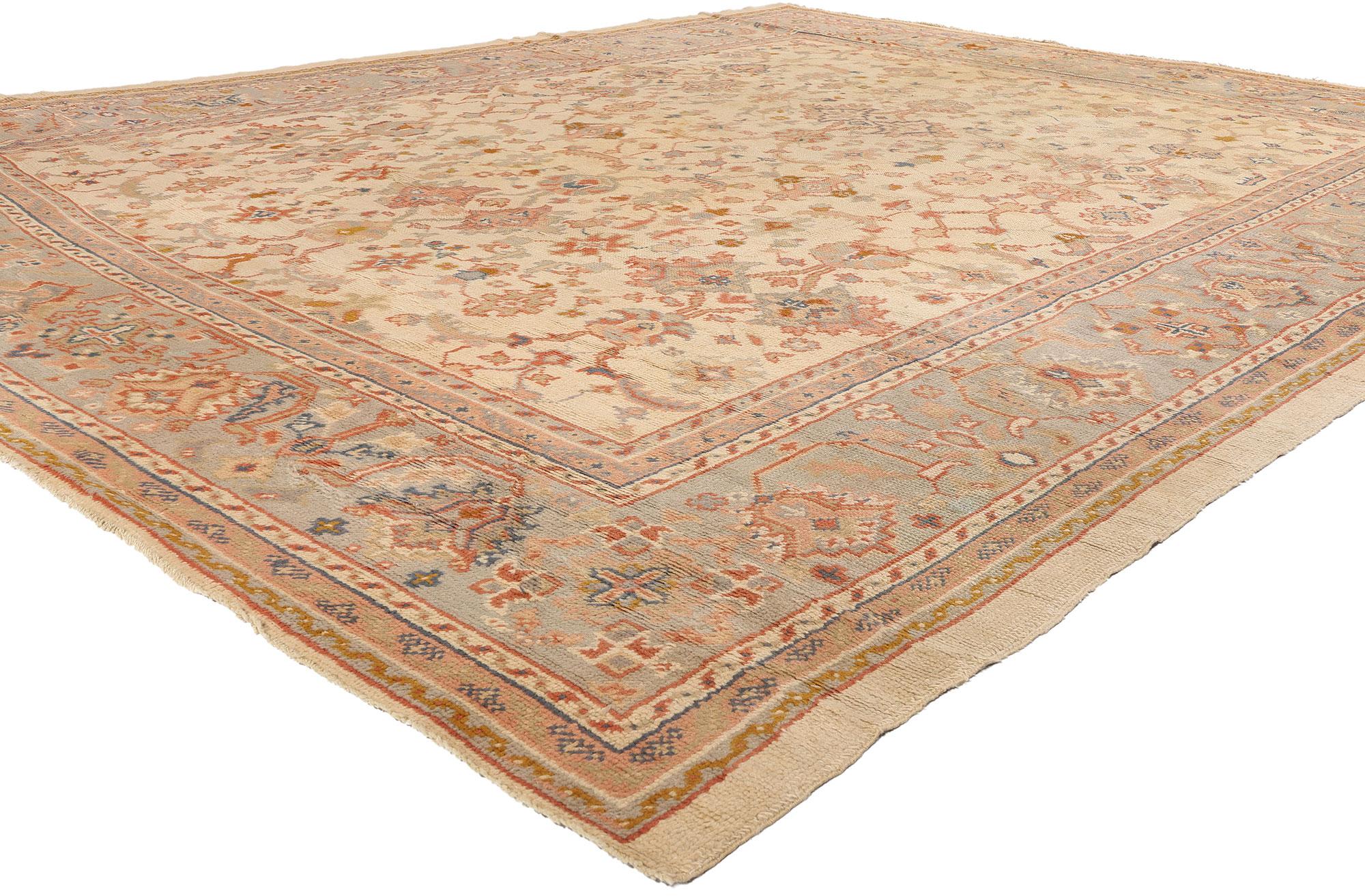 74250 Late 19th Century Antique Turkish Oushak Rug, 11'02 x 14'00. Woven in the golden age of Anatolian rug craftsmanship, this hand knotted wool Late 19th Century Turkish Oushak rug exudes an ethereal charm steeped in history and tradition. Its