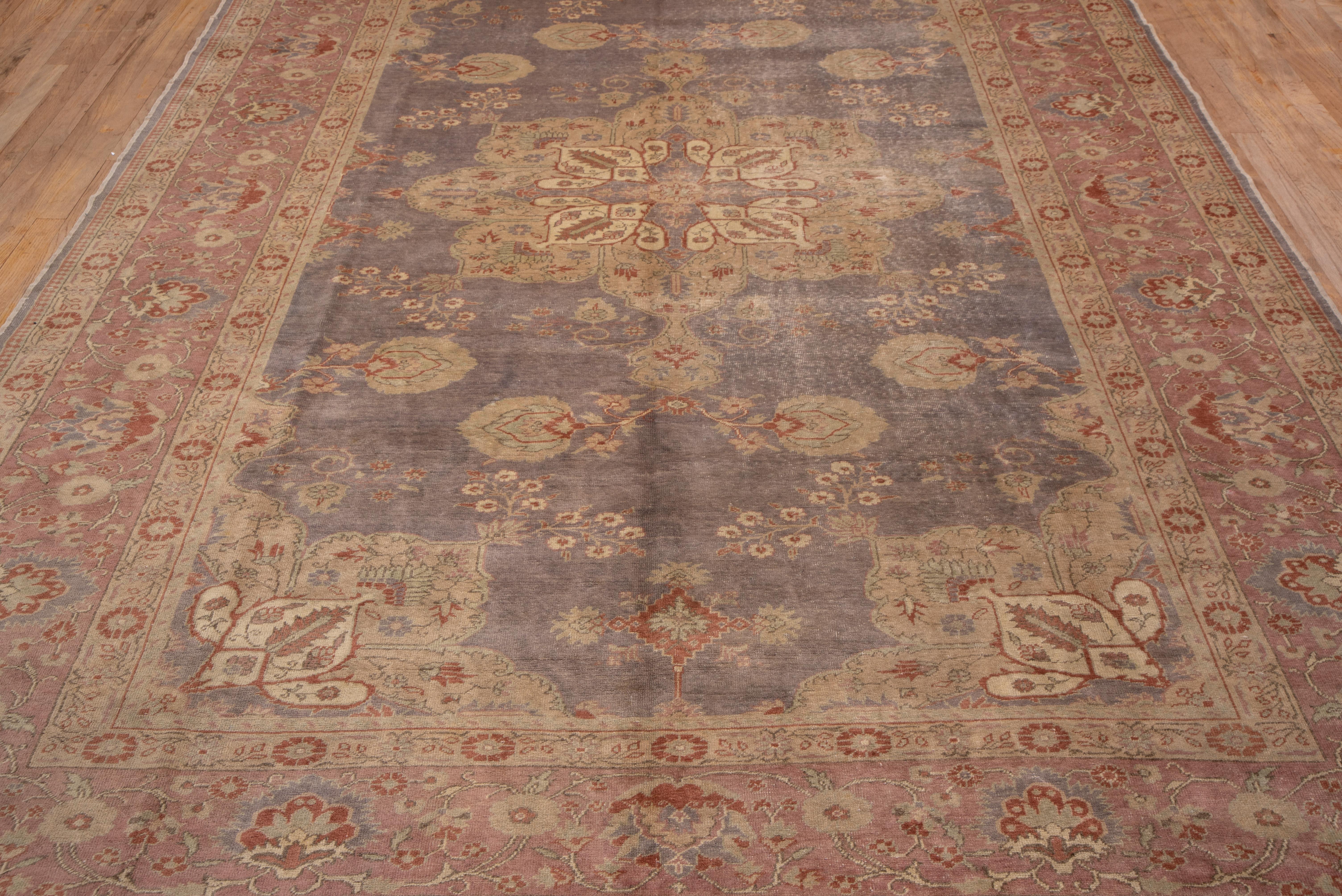 Antique Turkish Oushak Carpet, Gray Field, Pink Borders In Good Condition For Sale In New York, NY
