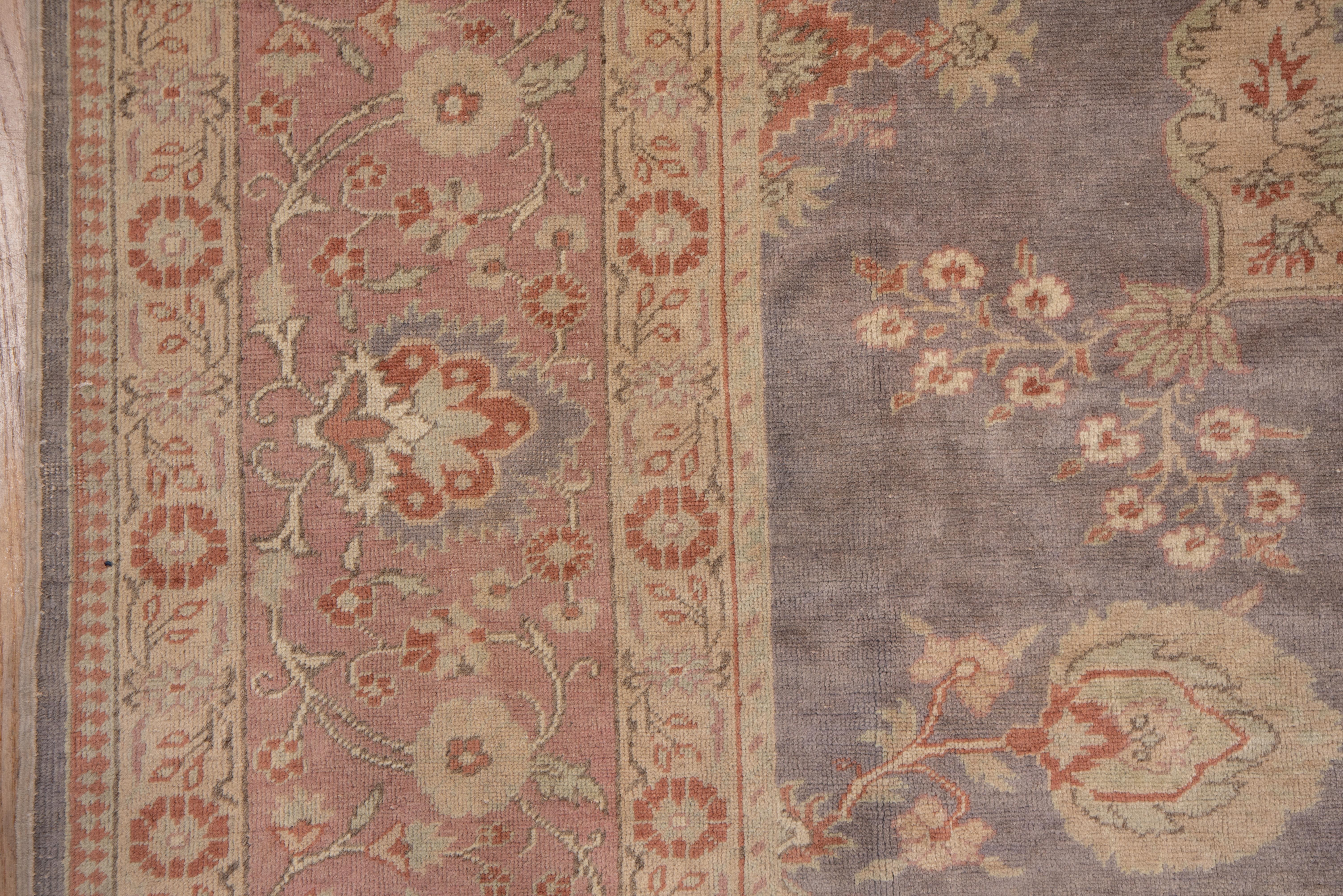 Wool Antique Turkish Oushak Carpet, Gray Field, Pink Borders For Sale