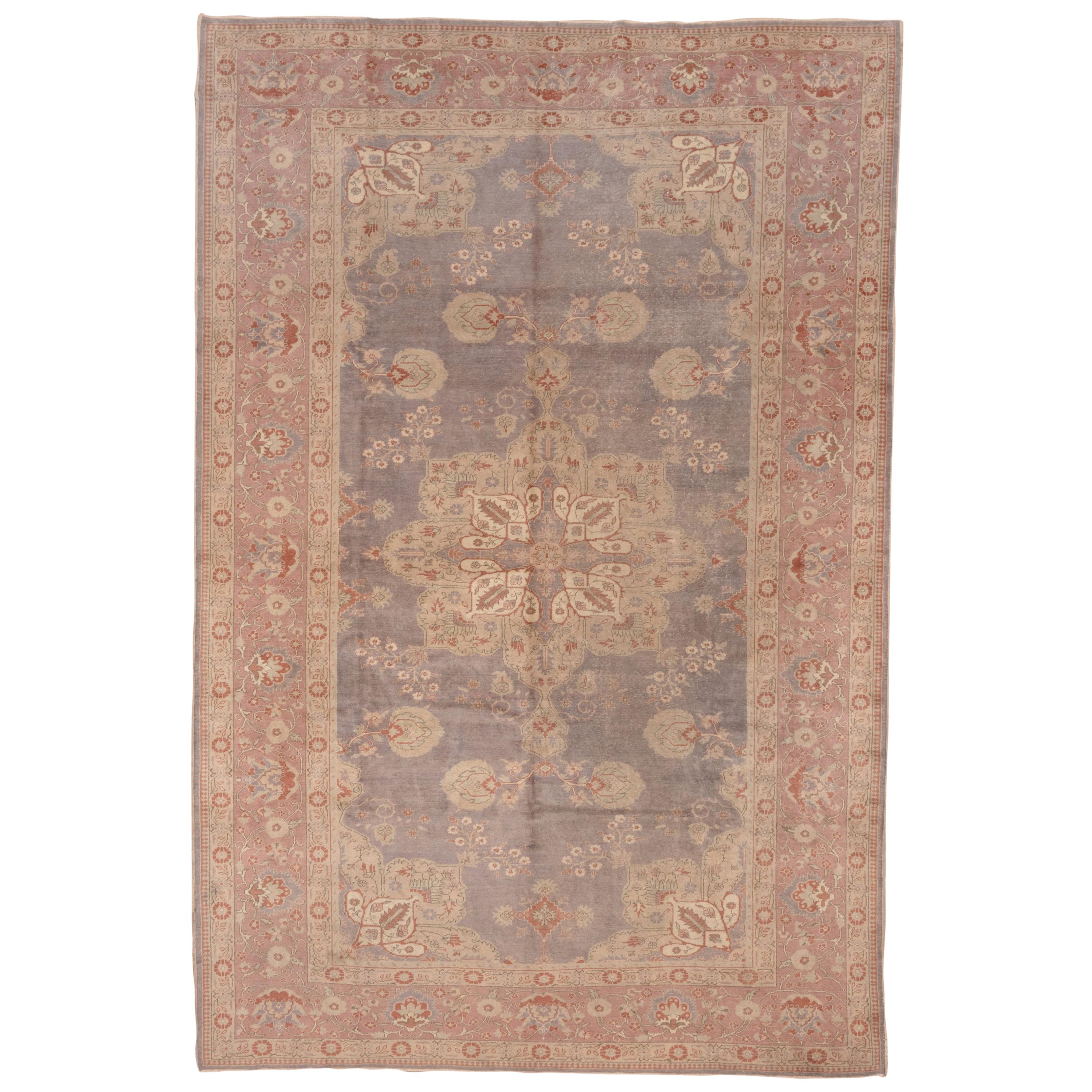 Antique Turkish Oushak Carpet, Gray Field, Pink Borders