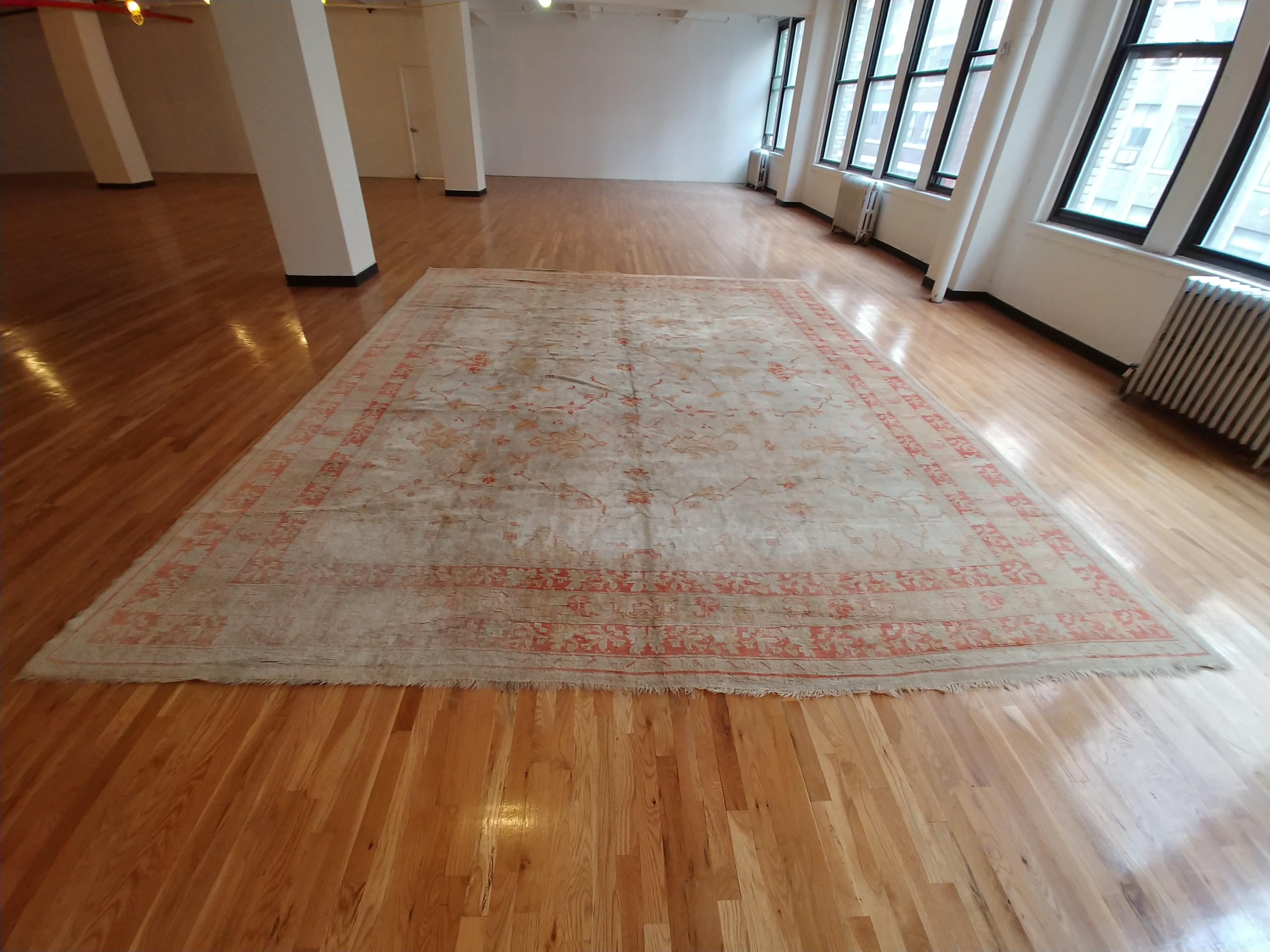 Antique Turkish Oushak Carpet, Handmade Oriental Rug, Beige, Taupe, Pale Coral For Sale 8