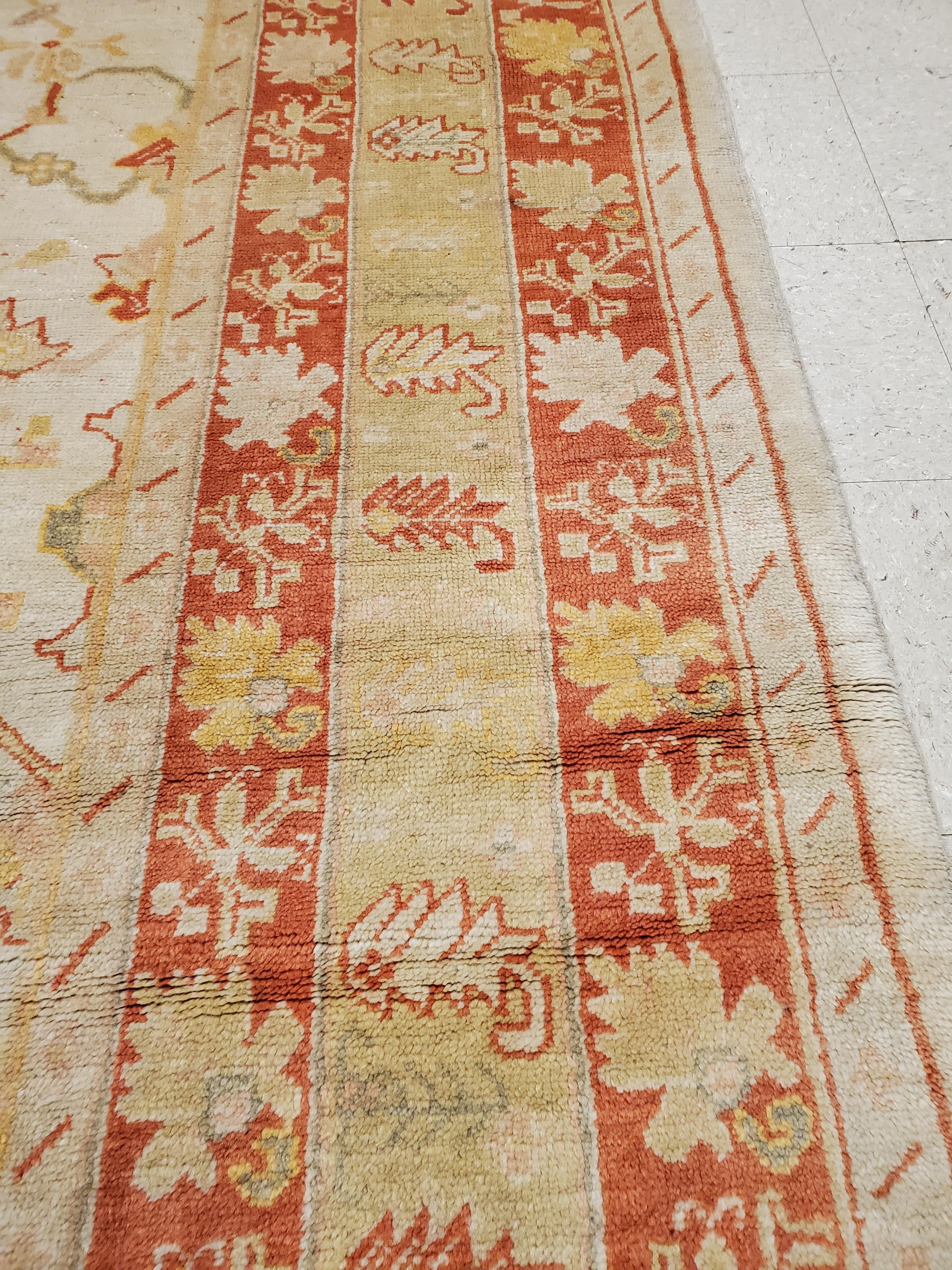 19th Century Antique Turkish Oushak Carpet, Handmade Oriental Rug, Beige, Taupe, Pale Coral For Sale