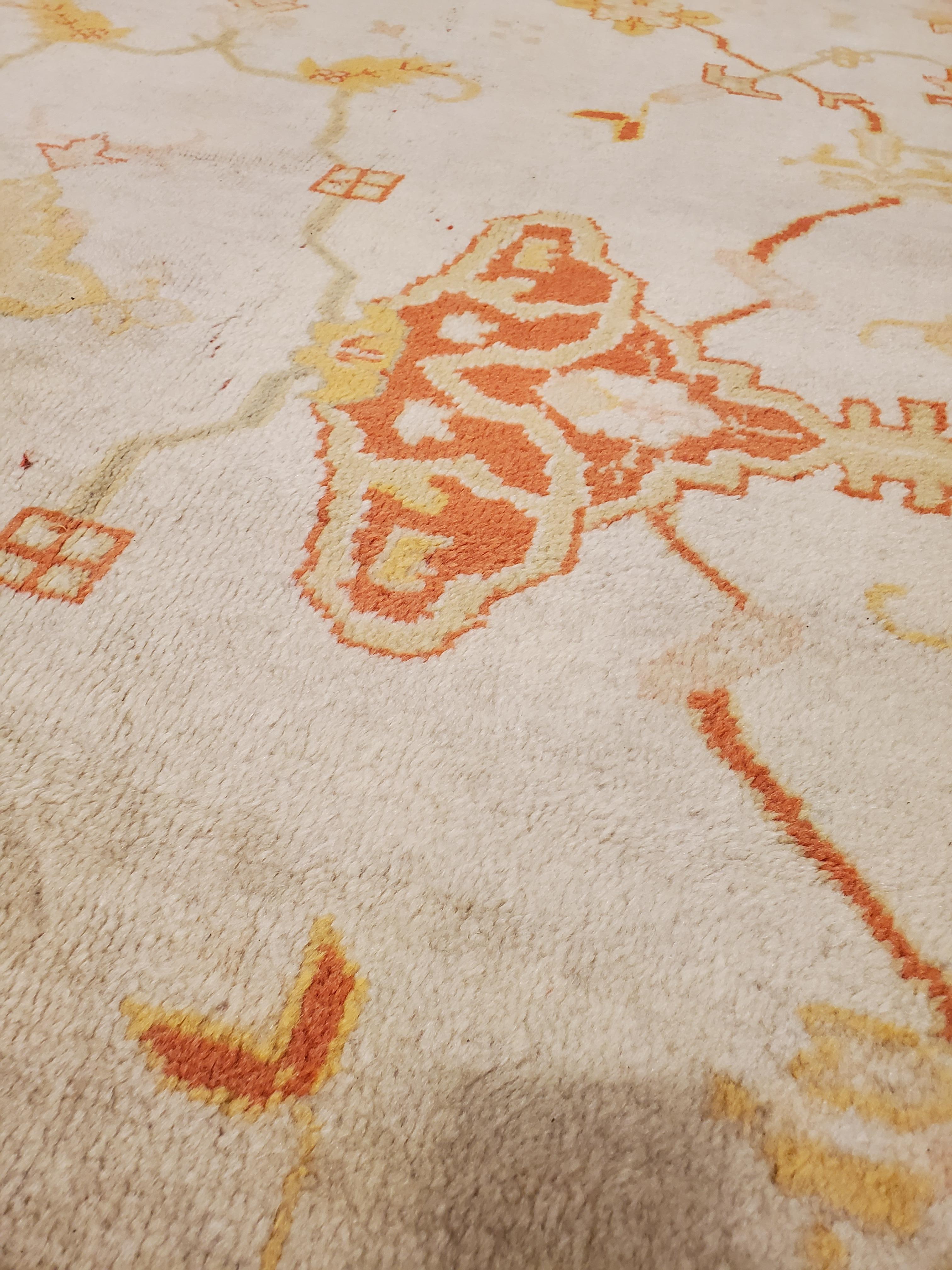 Antique Turkish Oushak Carpet, Handmade Oriental Rug, Beige, Taupe, Pale Coral For Sale 1