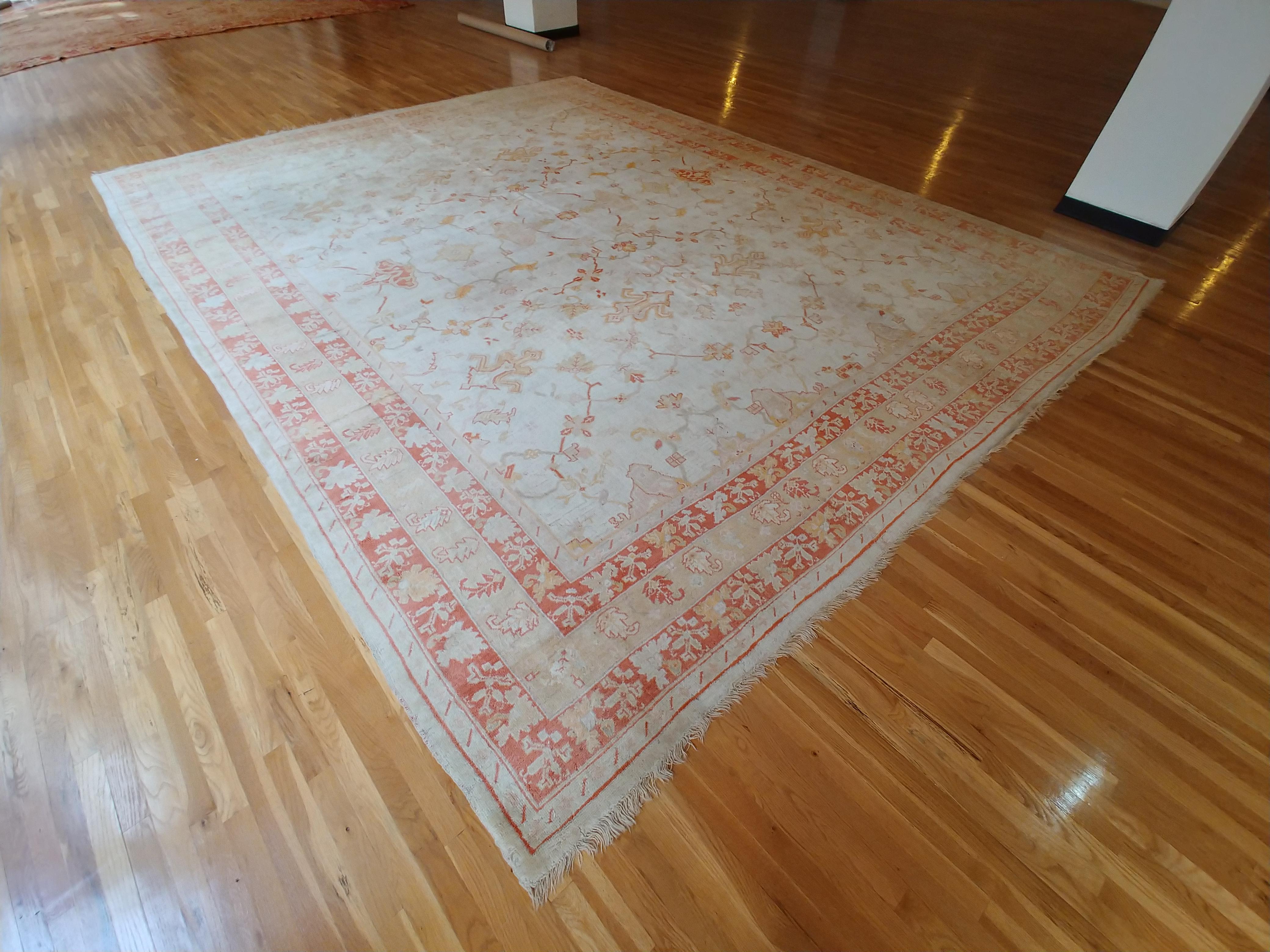 Antique Turkish Oushak Carpet, Handmade Oriental Rug, Beige, Taupe, Pale Coral For Sale 3