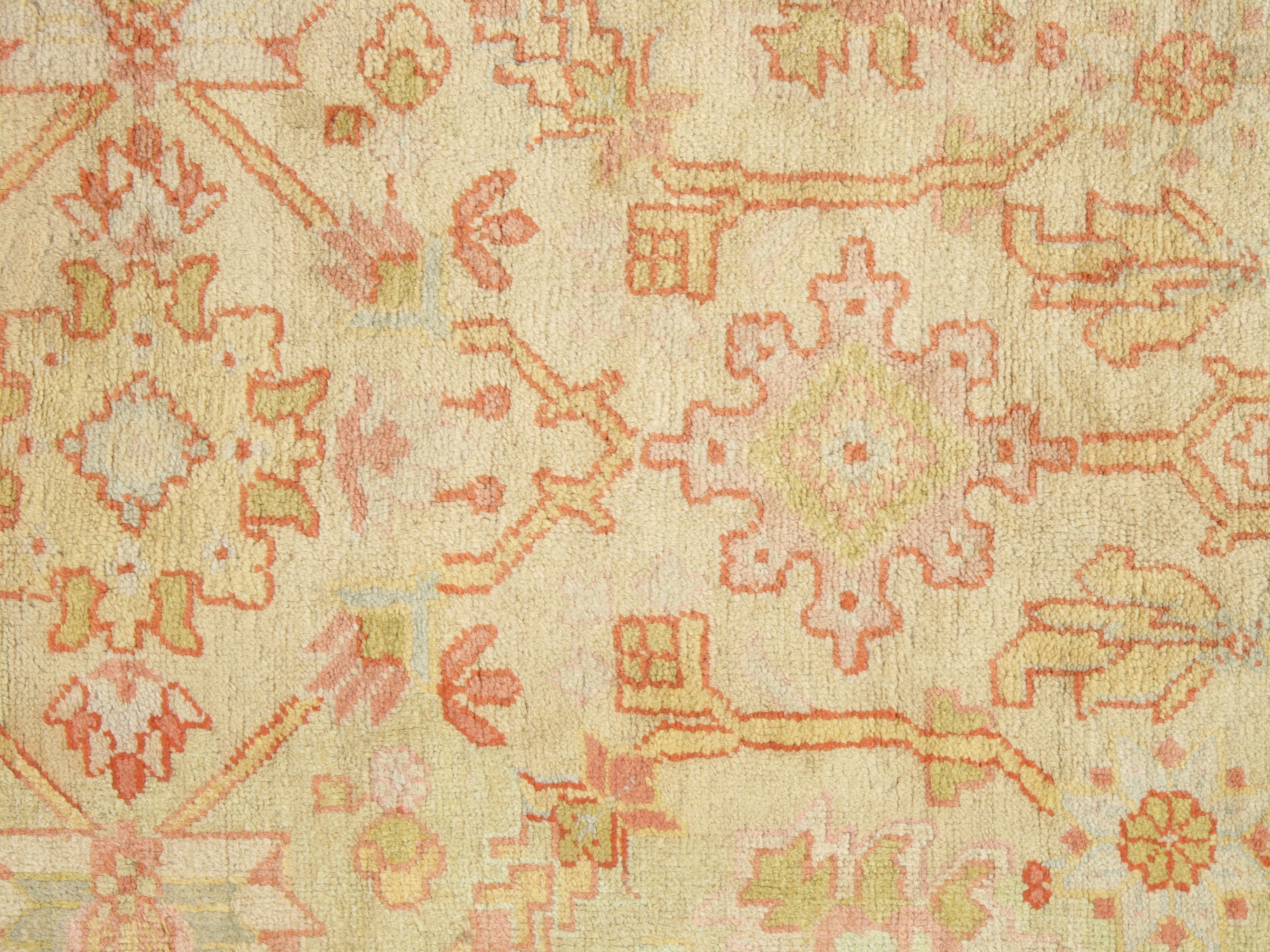 Antique Turkish Oushak Carpet, Handmade Oriental Rug, Beige, Taupe, Sage, Coral For Sale 4