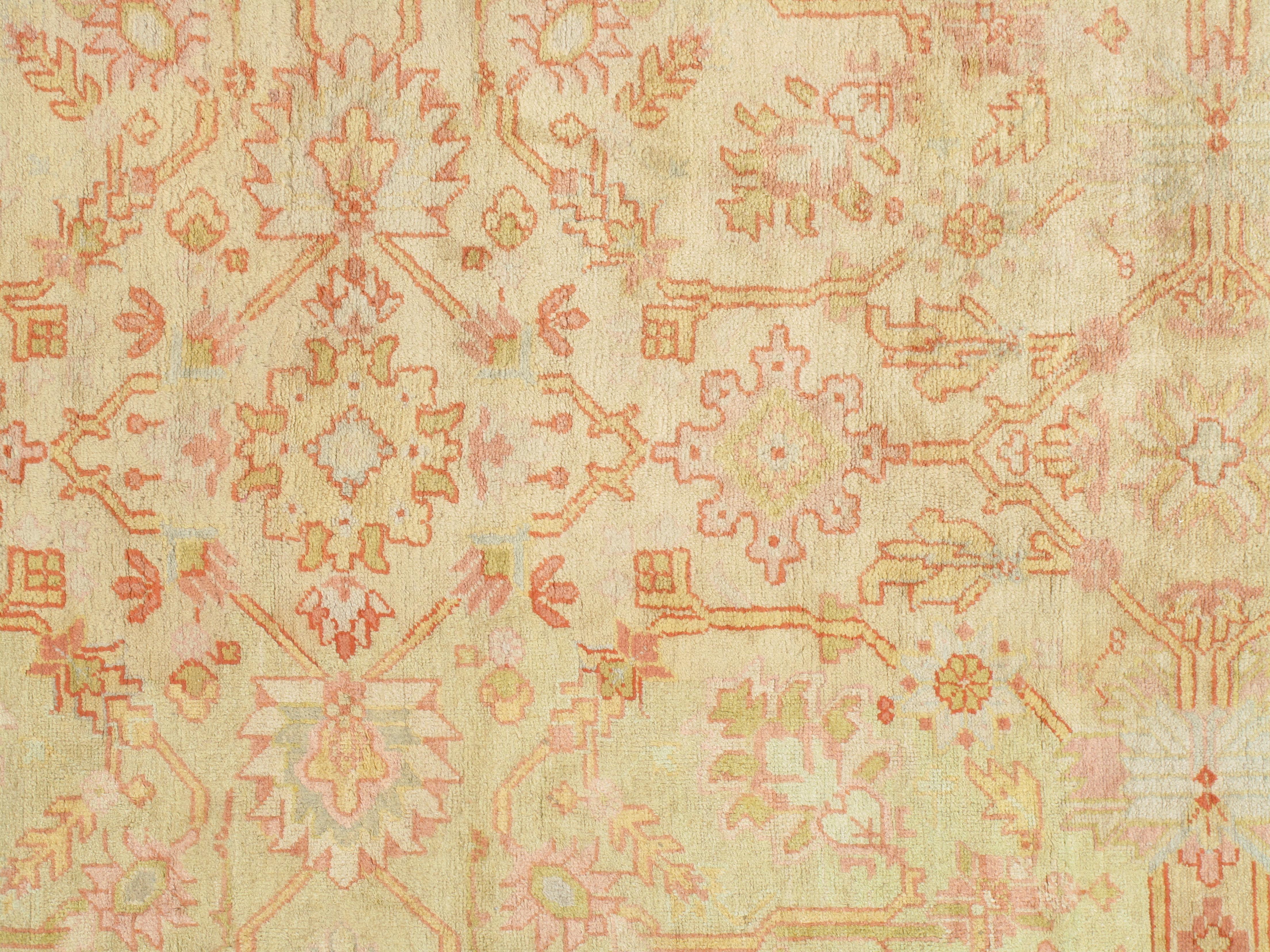 Antique Turkish Oushak Carpet, Handmade Oriental Rug, Beige, Taupe, Sage, Coral For Sale 5