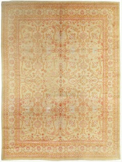 Antique Turkish Oushak Carpet, Handmade Oriental Rug, Beige, Taupe, Sage, Coral