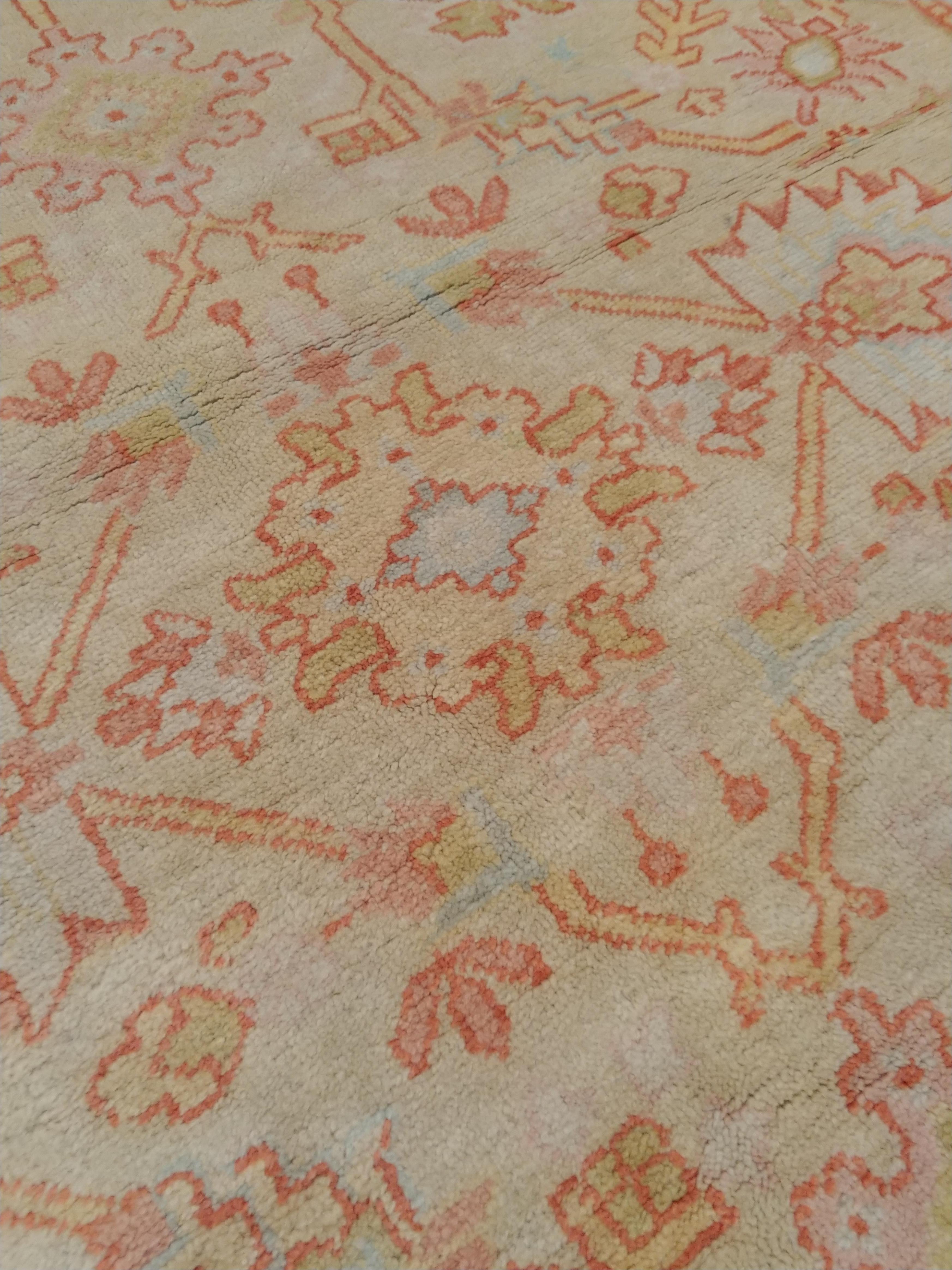 19th Century Antique Turkish Oushak Carpet, Handmade Oriental Rug, Beige, Taupe, Sage, Coral For Sale