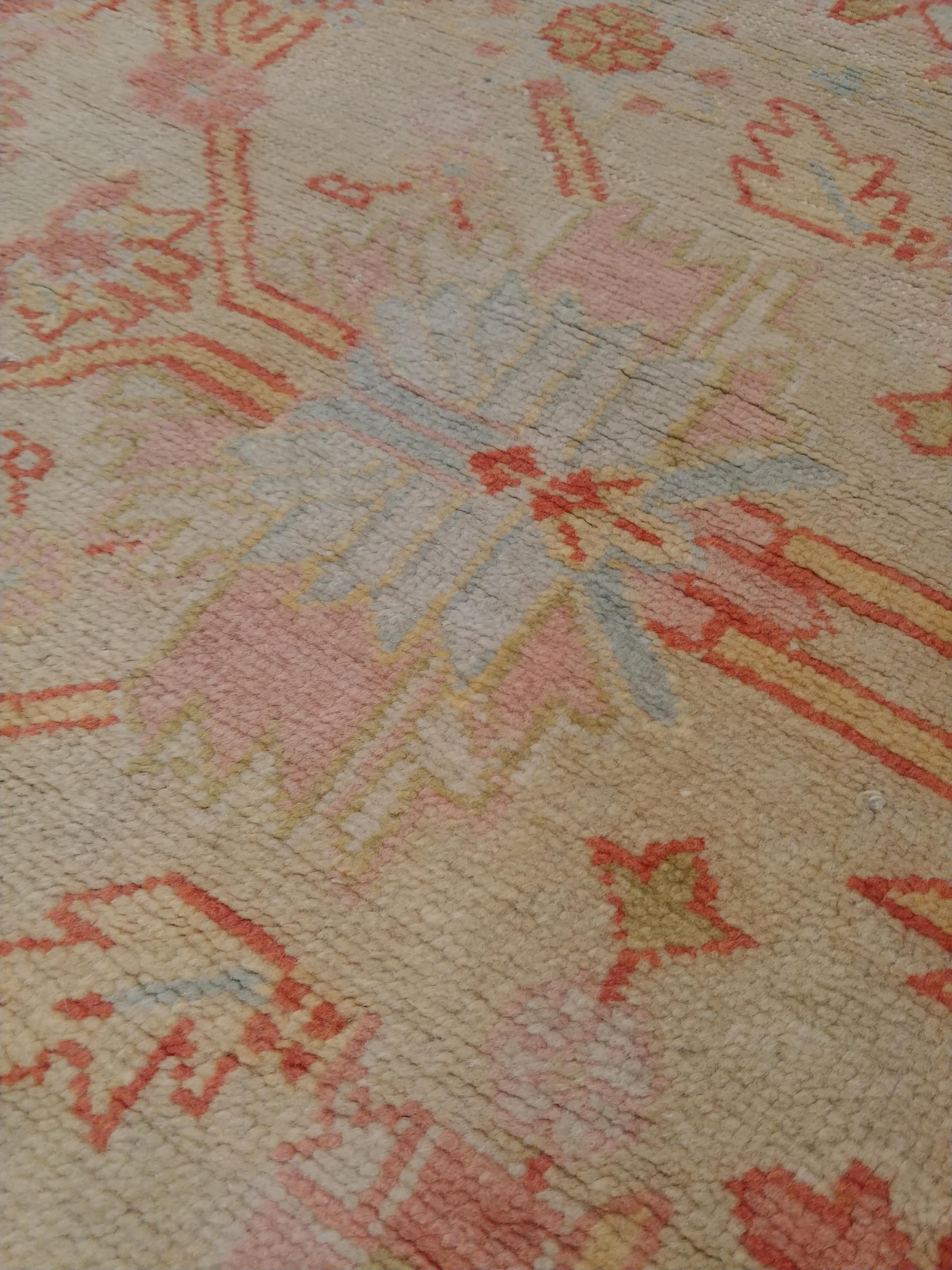 Wool Antique Turkish Oushak Carpet, Handmade Oriental Rug, Beige, Taupe, Sage, Coral For Sale