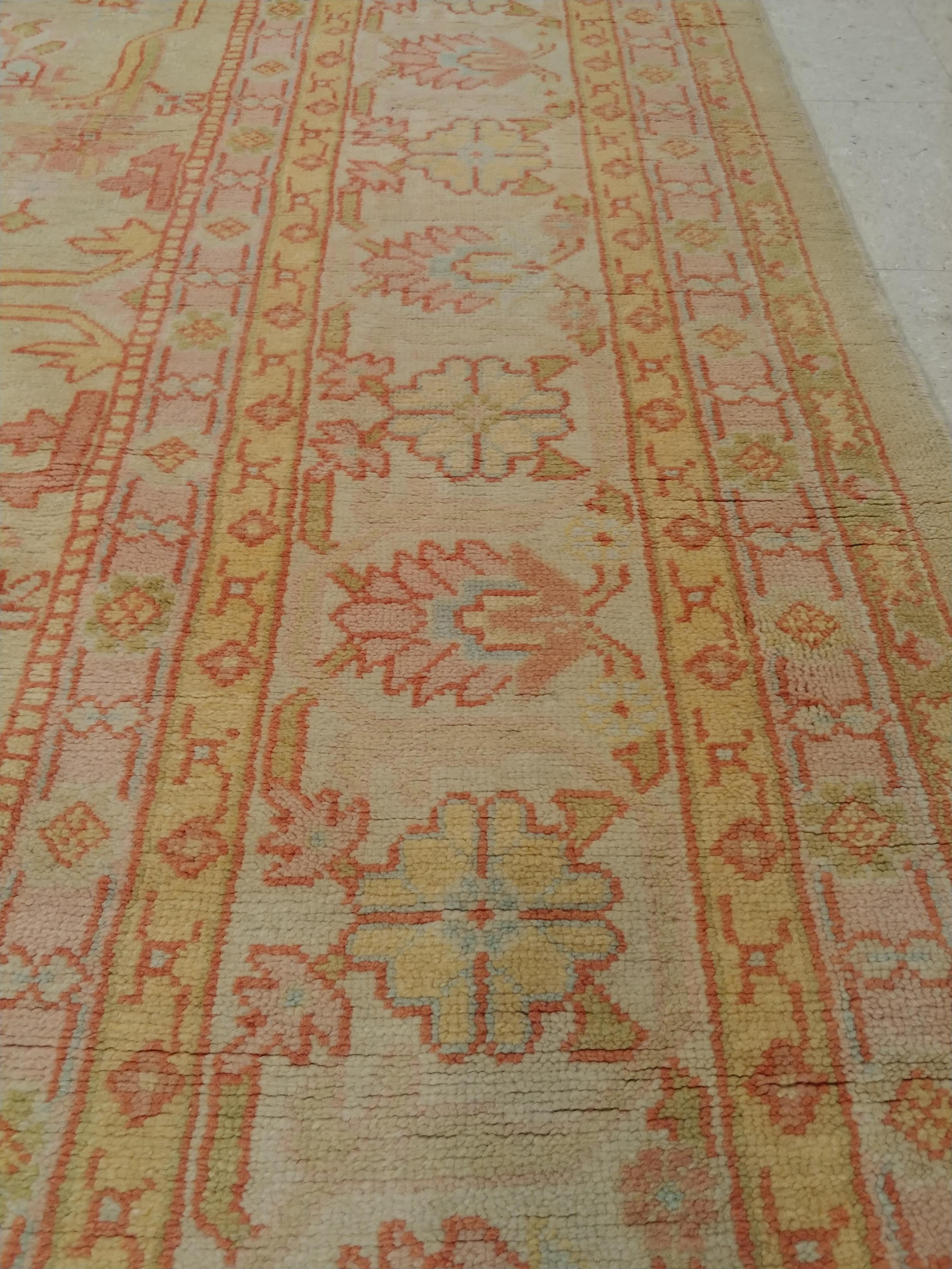 Antique Turkish Oushak Carpet, Handmade Oriental Rug, Beige, Taupe, Sage, Coral For Sale 1