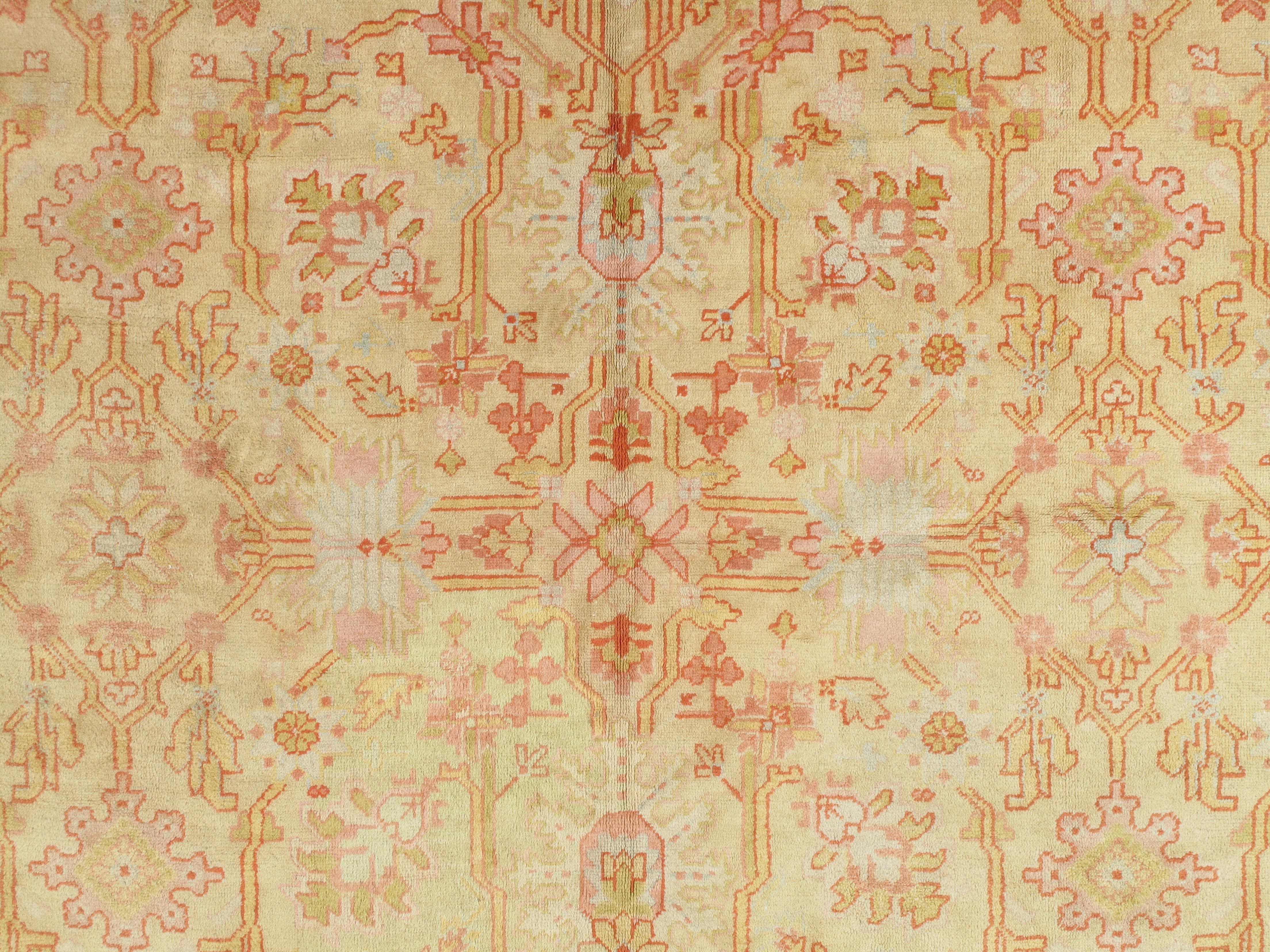 Antique Turkish Oushak Carpet, Handmade Oriental Rug, Beige, Taupe, Sage, Coral For Sale 2