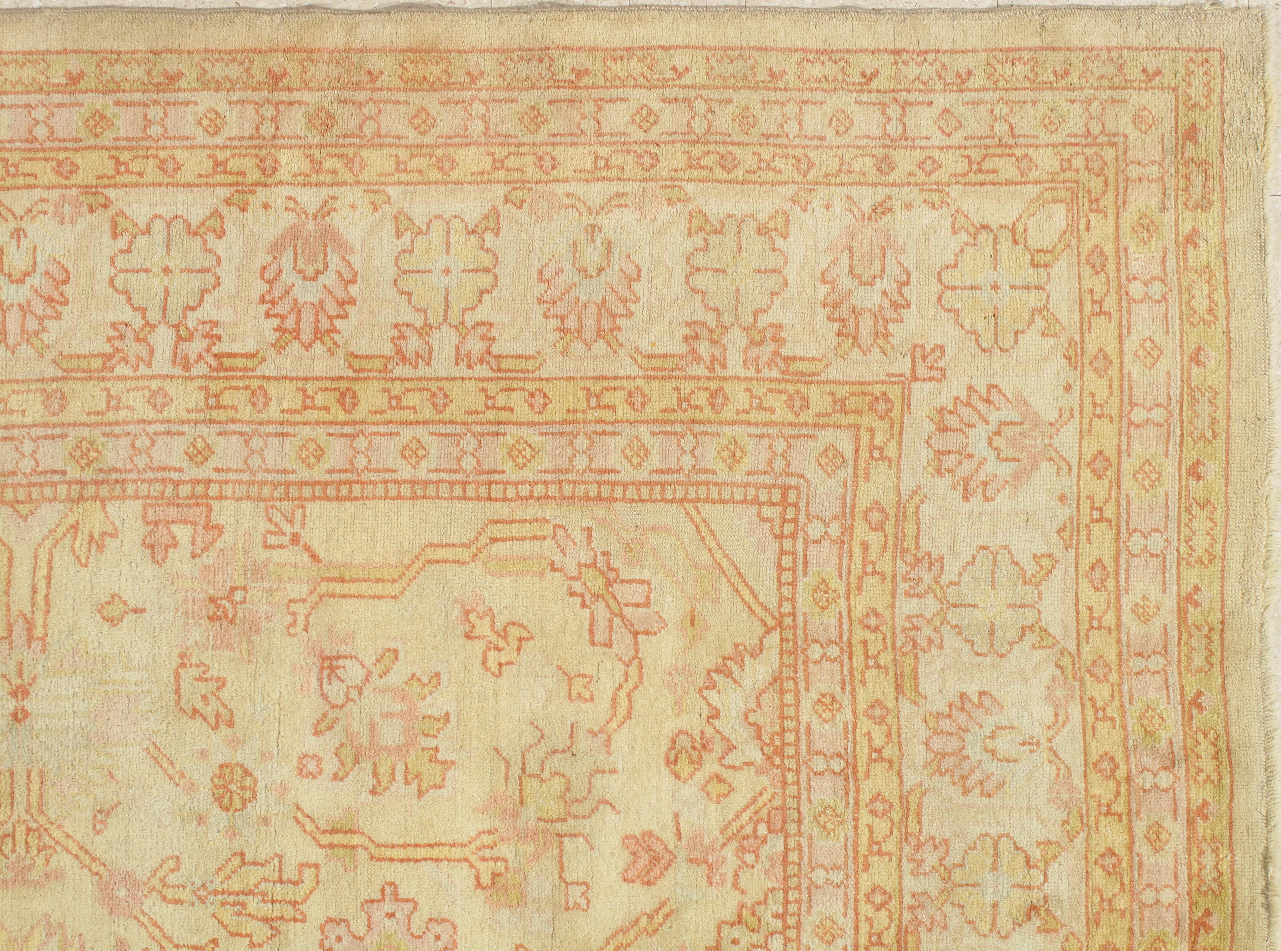 Antique Turkish Oushak Carpet, Handmade Oriental Rug, Beige, Taupe, Sage, Coral For Sale 3