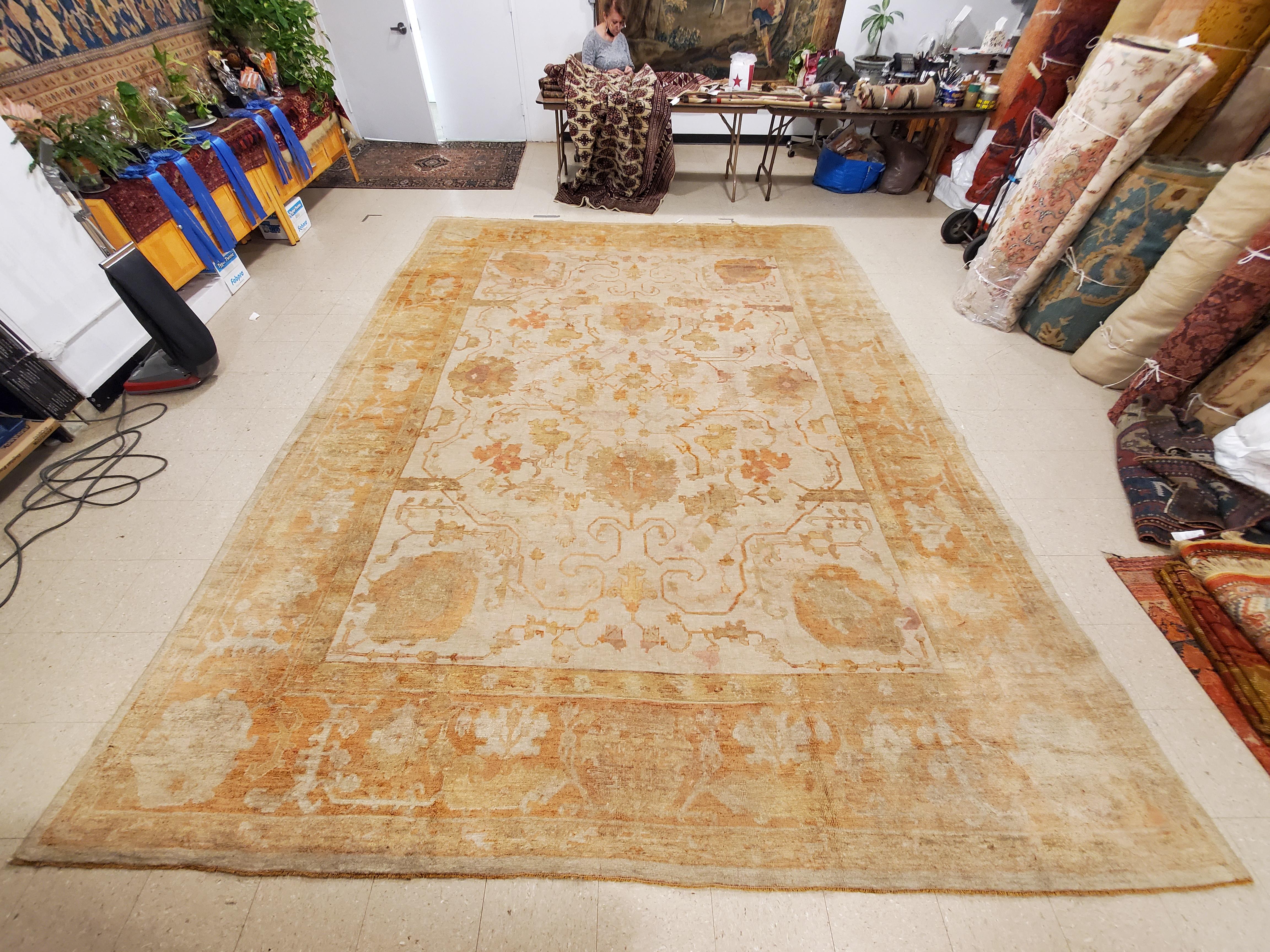 Antique Turkish Oushak Carpet, Handmade Oriental Rug, Beige, Taupe, Shrimp Coral For Sale 5