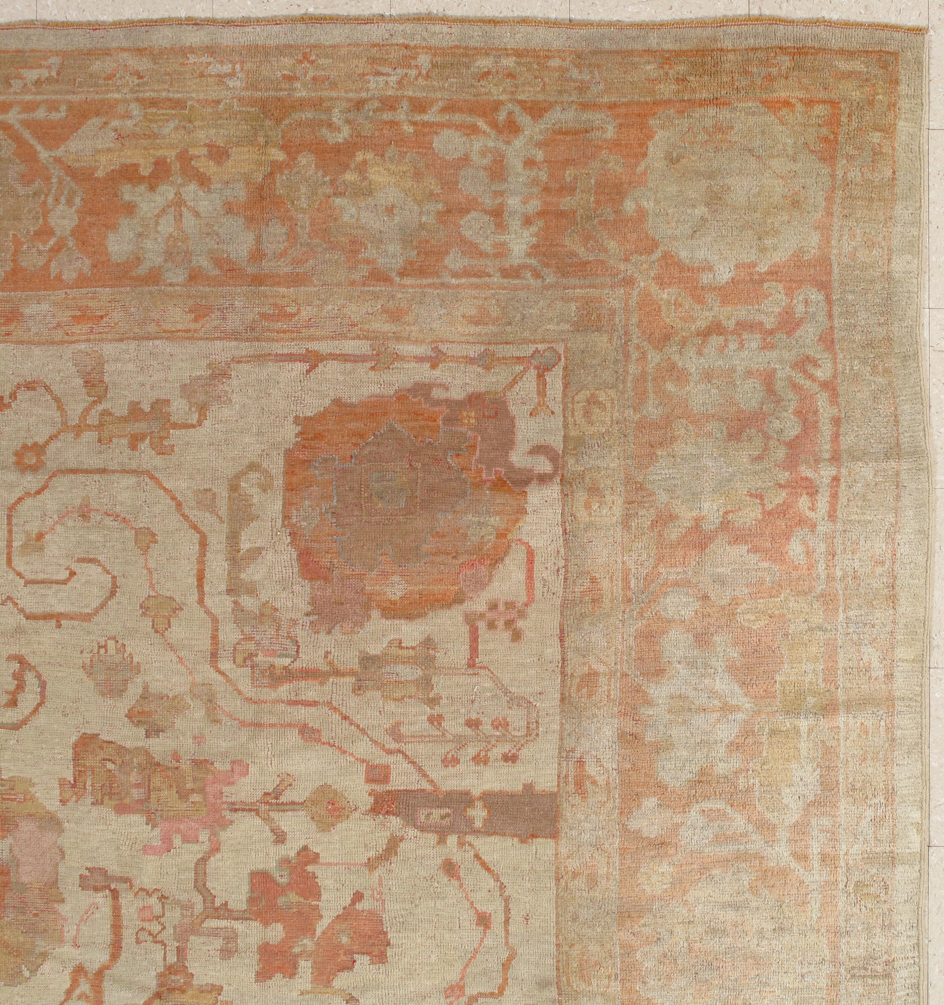 Antique Turkish Oushak Carpet, Handmade Oriental Rug, Beige, Taupe, Shrimp Coral For Sale 6