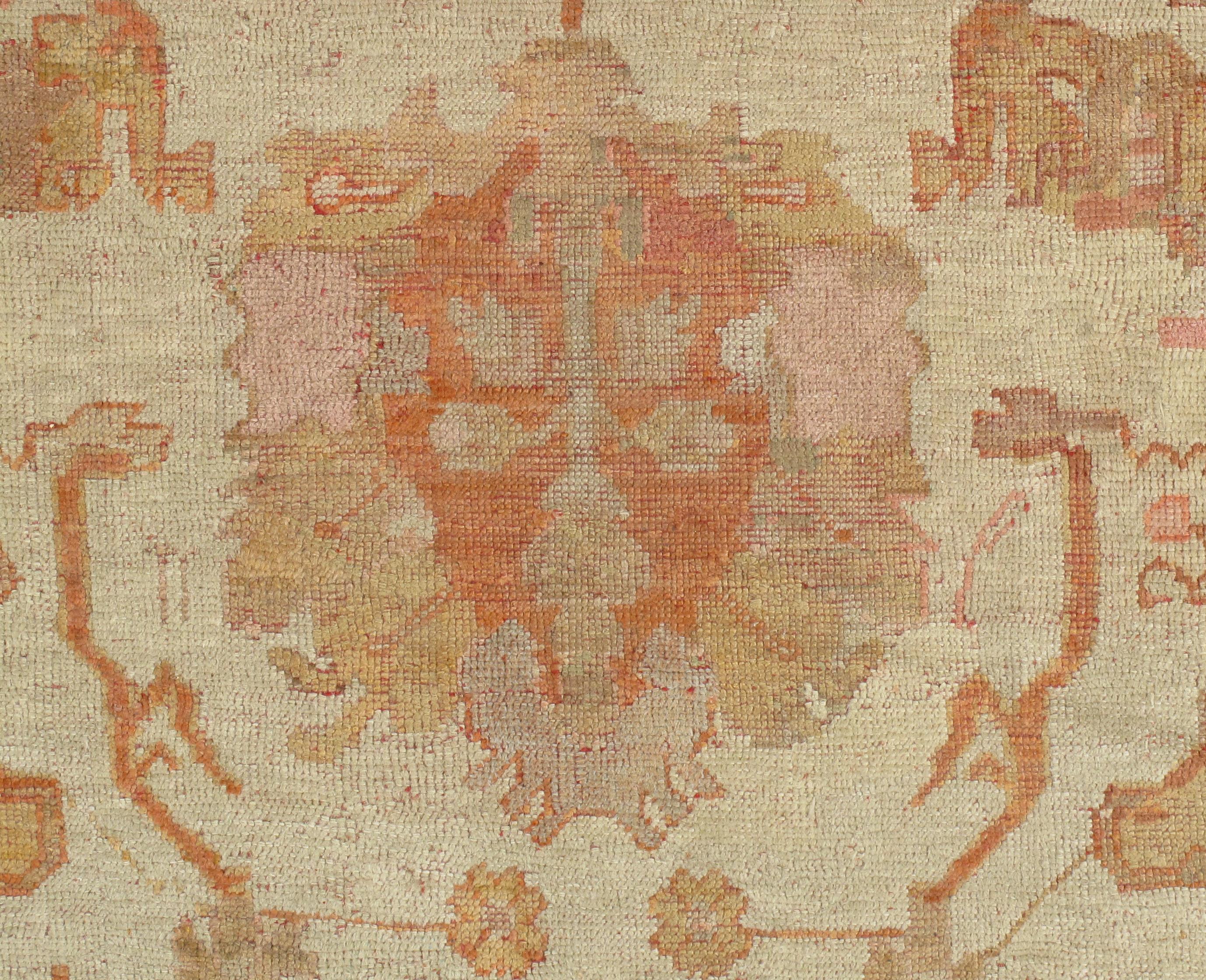 Antique Turkish Oushak Carpet, Handmade Oriental Rug, Beige, Taupe, Shrimp Coral For Sale 7
