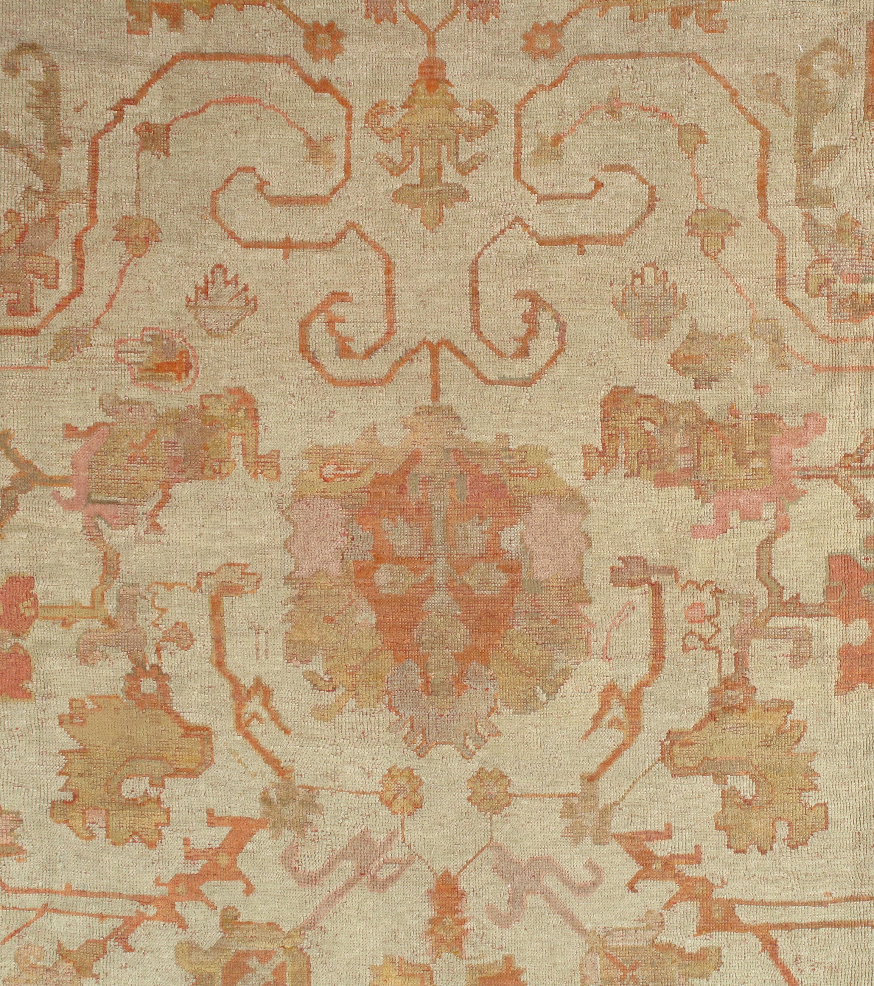 Antique Turkish Oushak Carpet, Handmade Oriental Rug, Beige, Taupe, Shrimp Coral For Sale 8