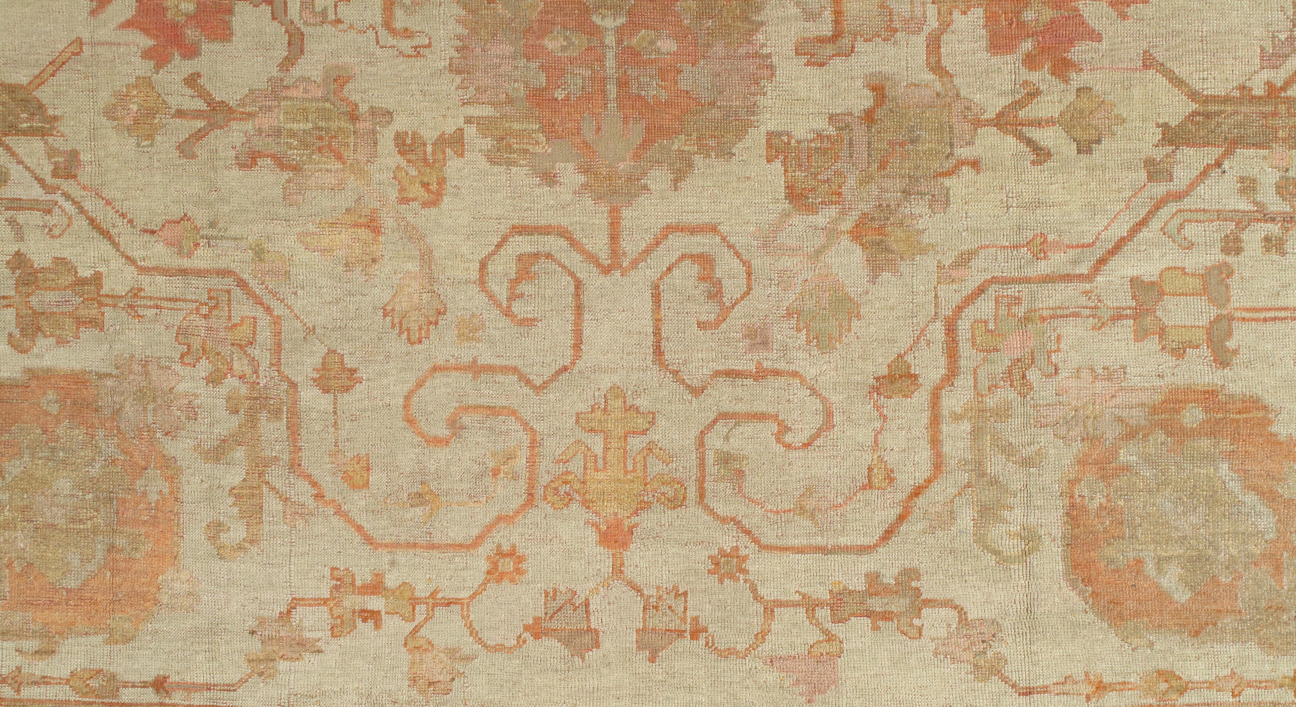 Antique Turkish Oushak Carpet, Handmade Oriental Rug, Beige, Taupe, Shrimp Coral For Sale 9