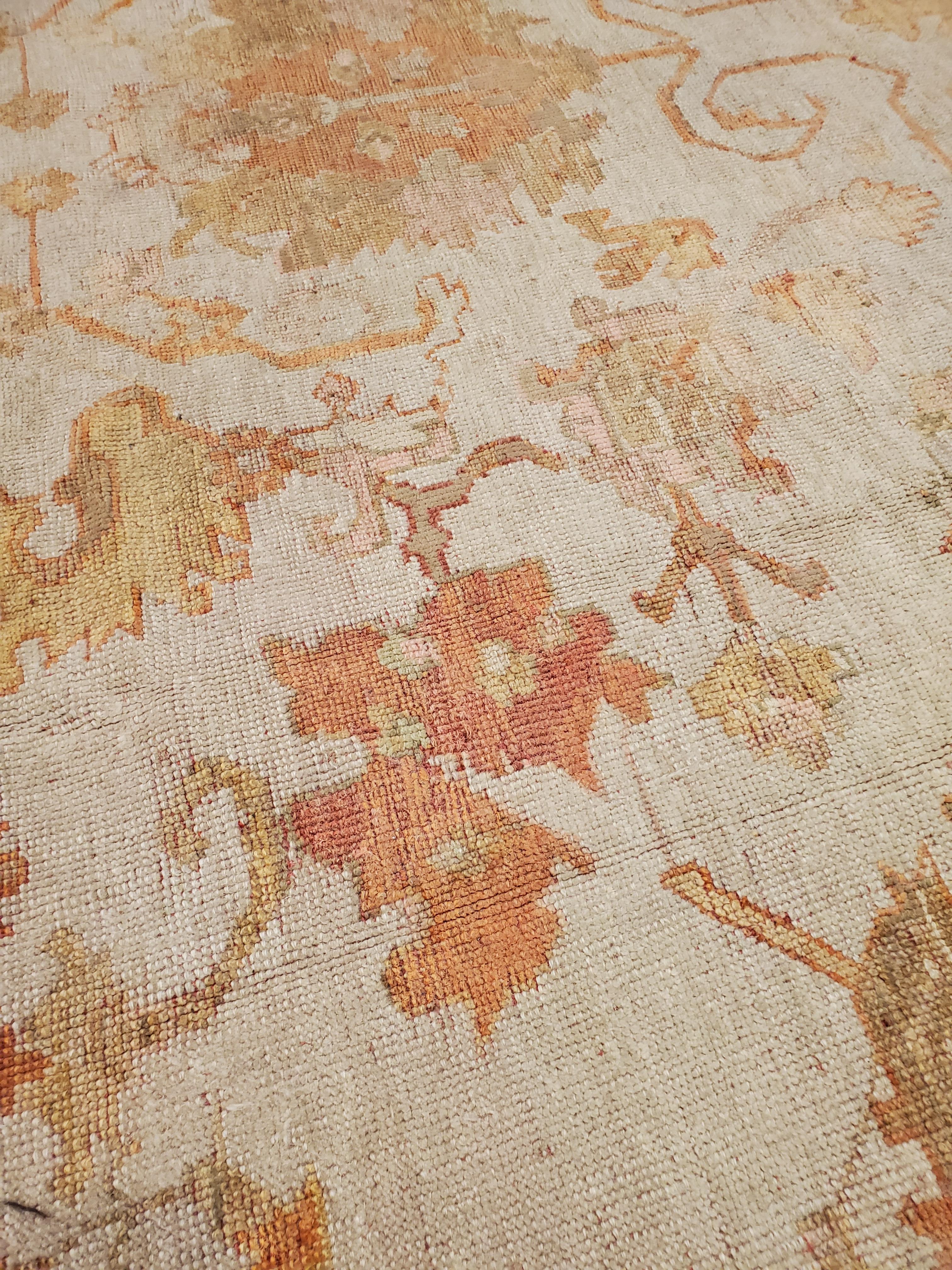 Hand-Knotted Antique Turkish Oushak Carpet, Handmade Oriental Rug, Beige, Taupe, Shrimp Coral For Sale