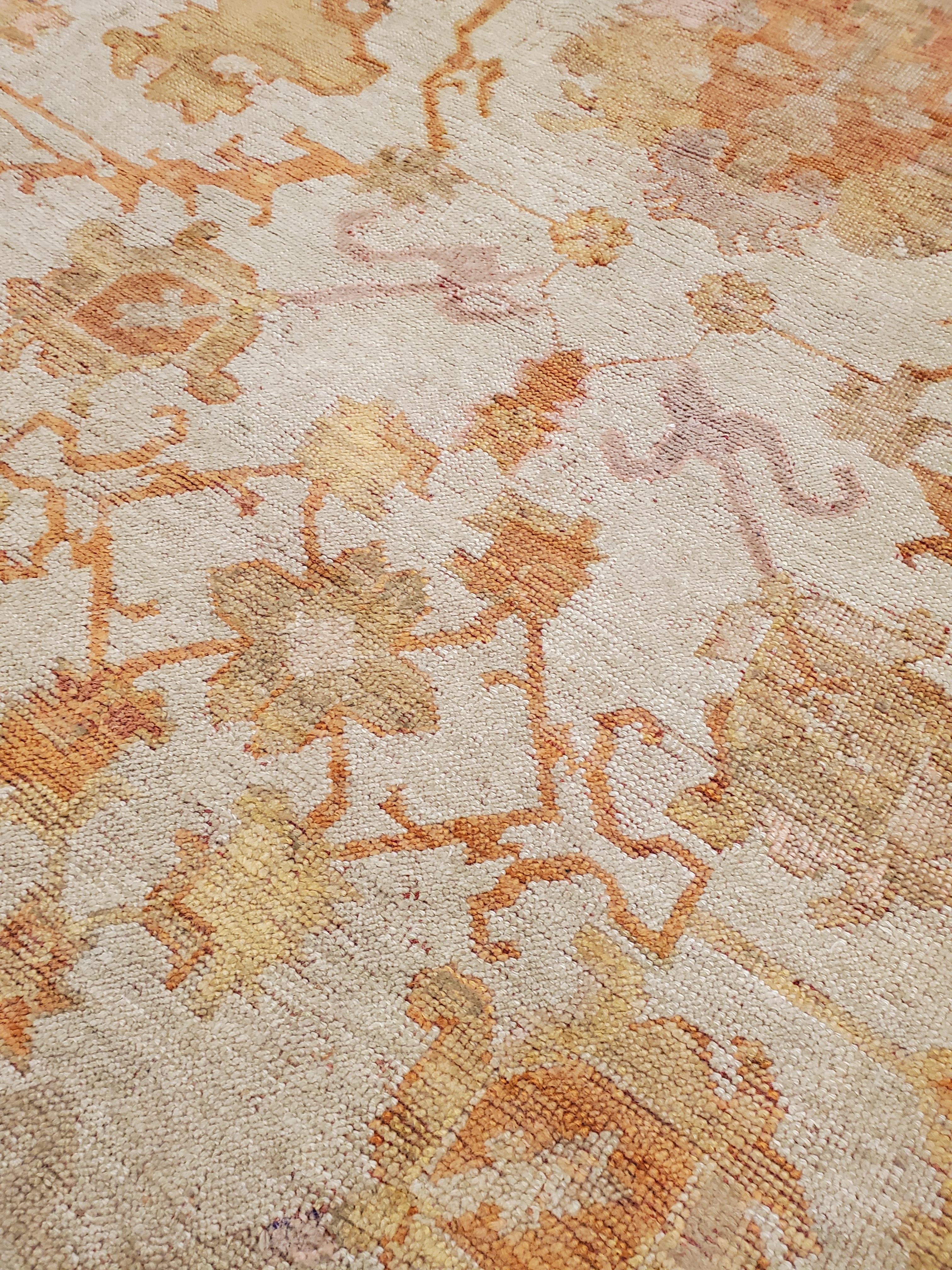 Antique Turkish Oushak Carpet, Handmade Oriental Rug, Beige, Taupe, Shrimp Coral For Sale 3