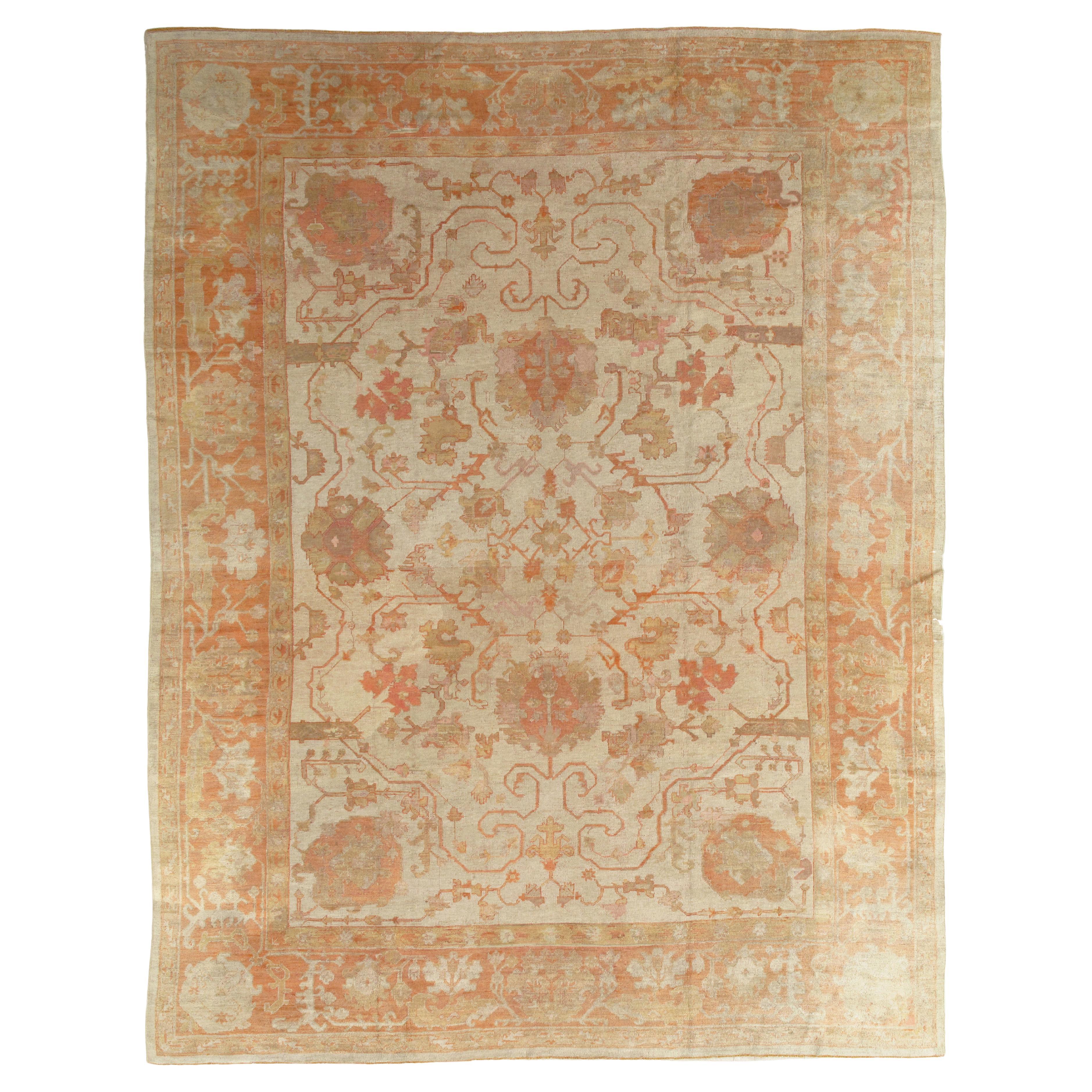 Antique Turkish Oushak Carpet, Handmade Oriental Rug, Beige, Taupe, Shrimp Coral For Sale