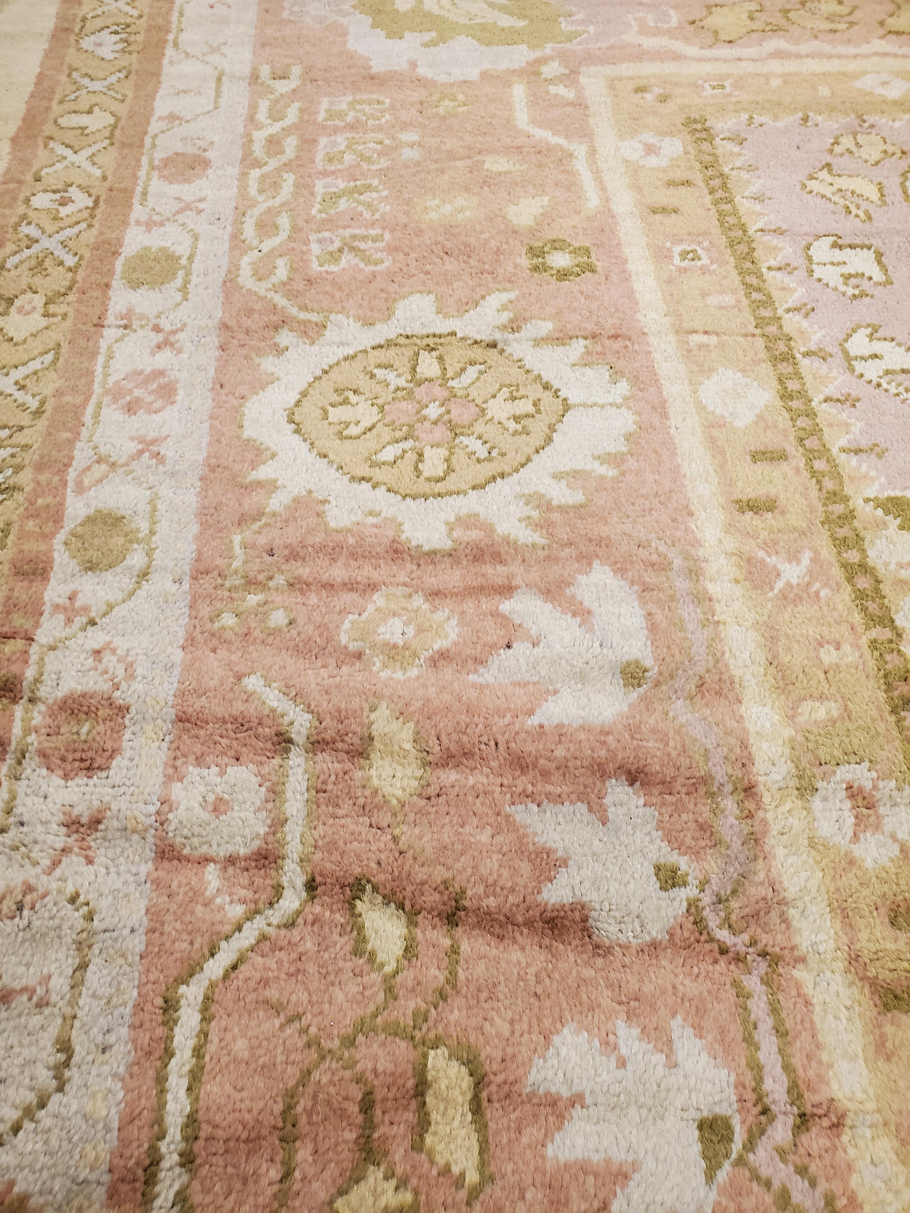 Antique Turkish Oushak Carpet, Handmade Oriental Rug, Gold, Coral, Green, Taupe In Good Condition For Sale In Port Washington, NY