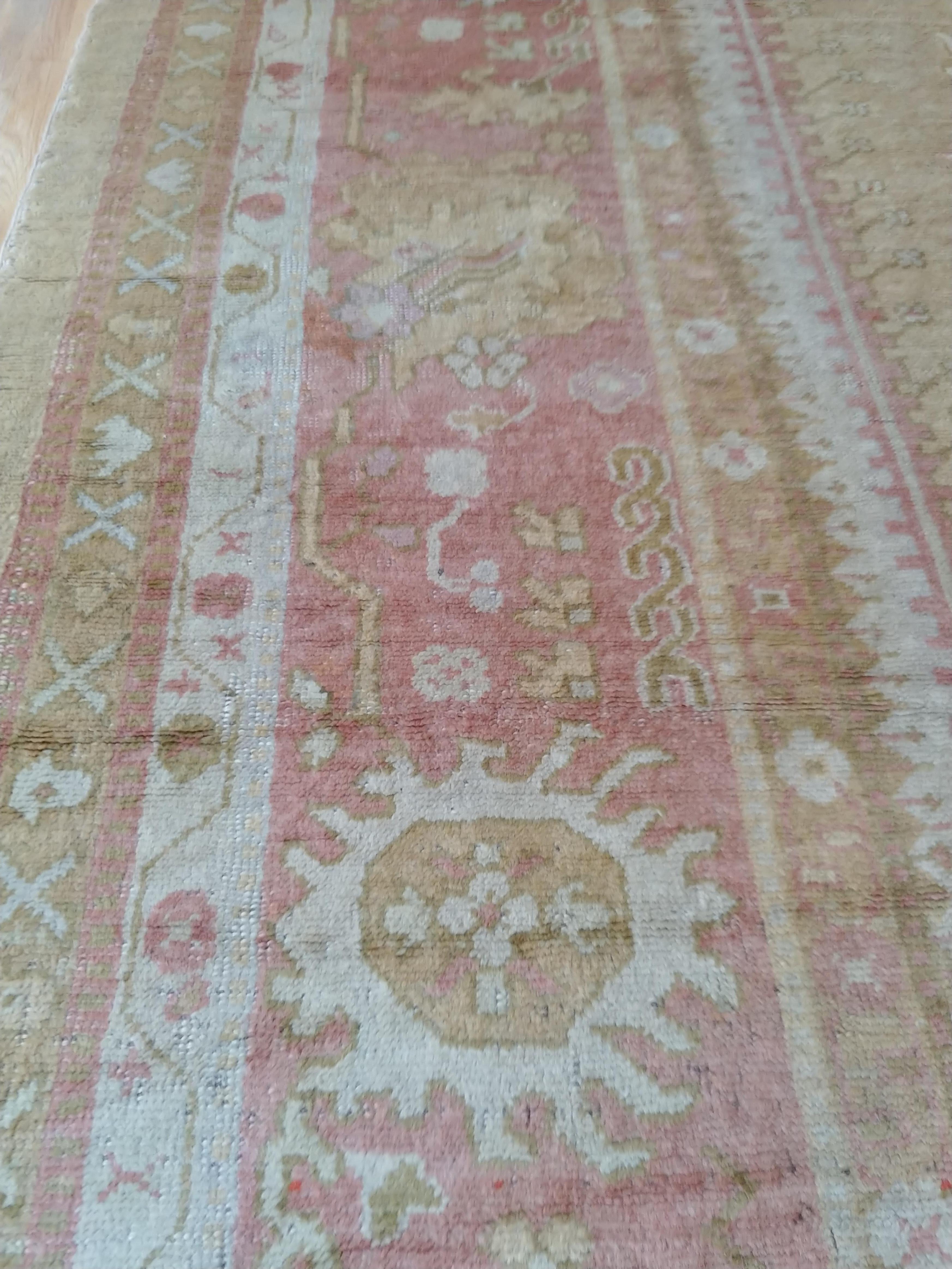 Antique Turkish Oushak Carpet, Handmade Oriental Rug, Gold, Coral, Green, Taupe For Sale 3