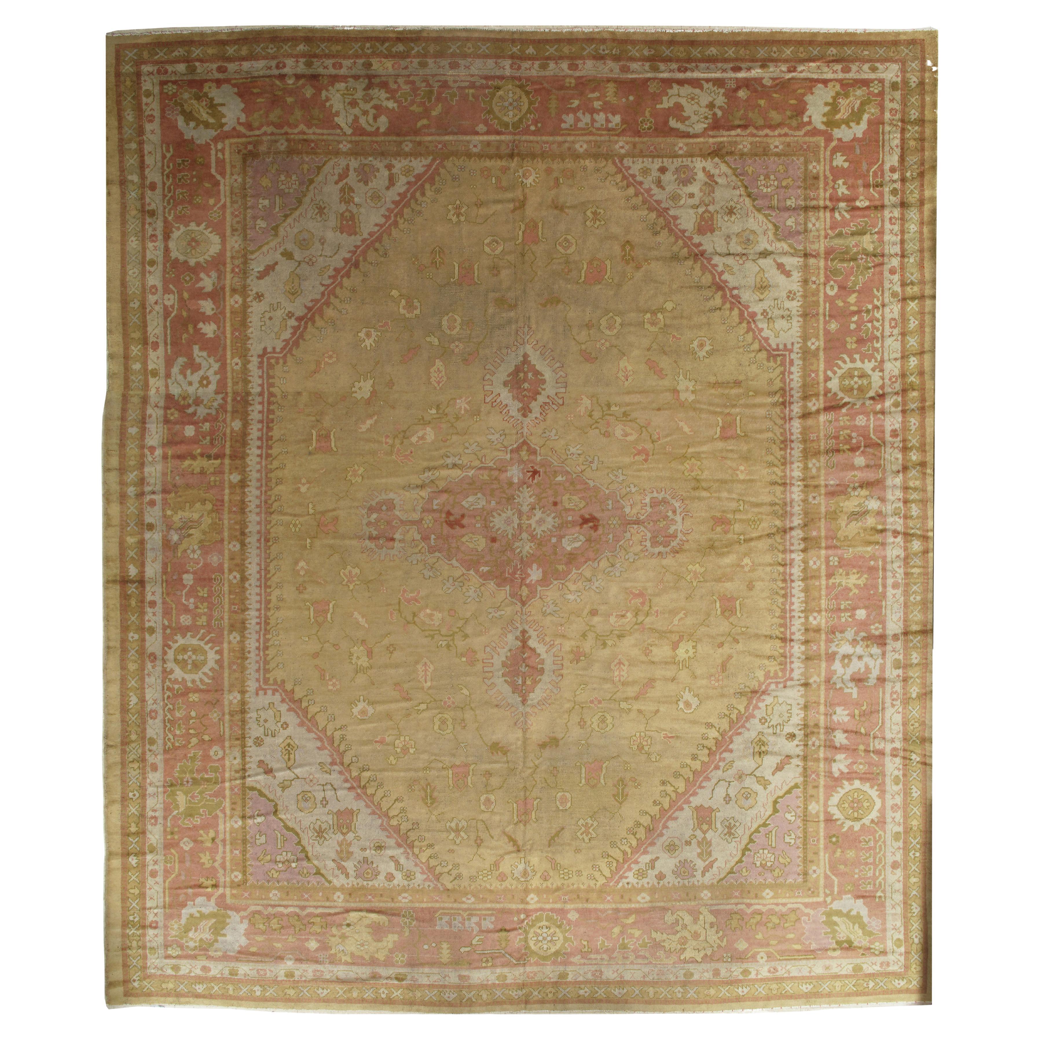 Antique Turkish Oushak Carpet, Handmade Oriental Rug, Gold, Coral, Green, Taupe For Sale