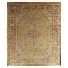 Tapis turc antique Oushak, tapis oriental fait à la main, or, corail, vert, taupe