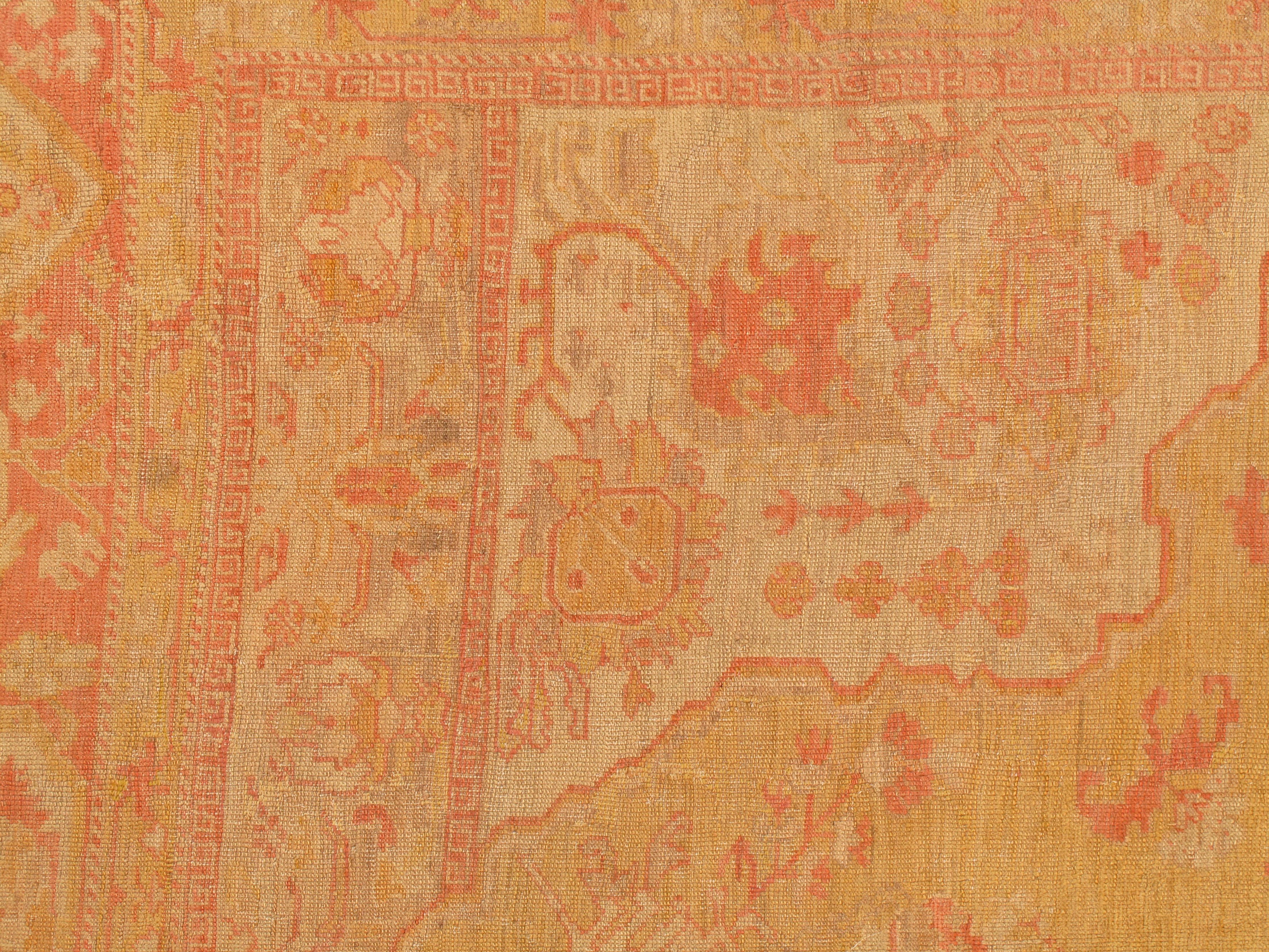 Antique Turkish Oushak Carpet, Handmade Oriental Rug, Gold, Taupe, Shrimp Coral For Sale 4