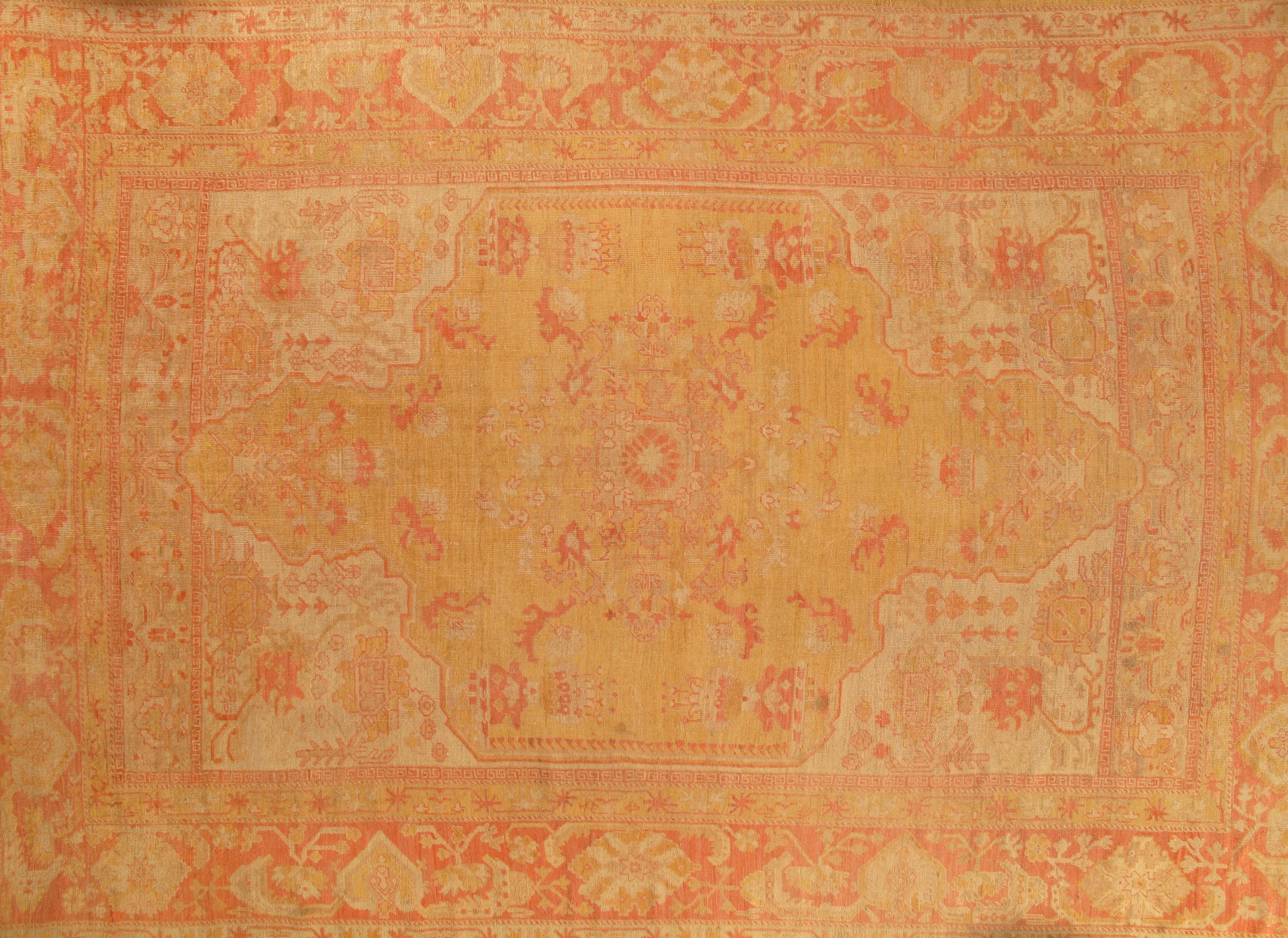 Hand-Knotted Antique Turkish Oushak Carpet, Handmade Oriental Rug, Gold, Taupe, Shrimp Coral For Sale