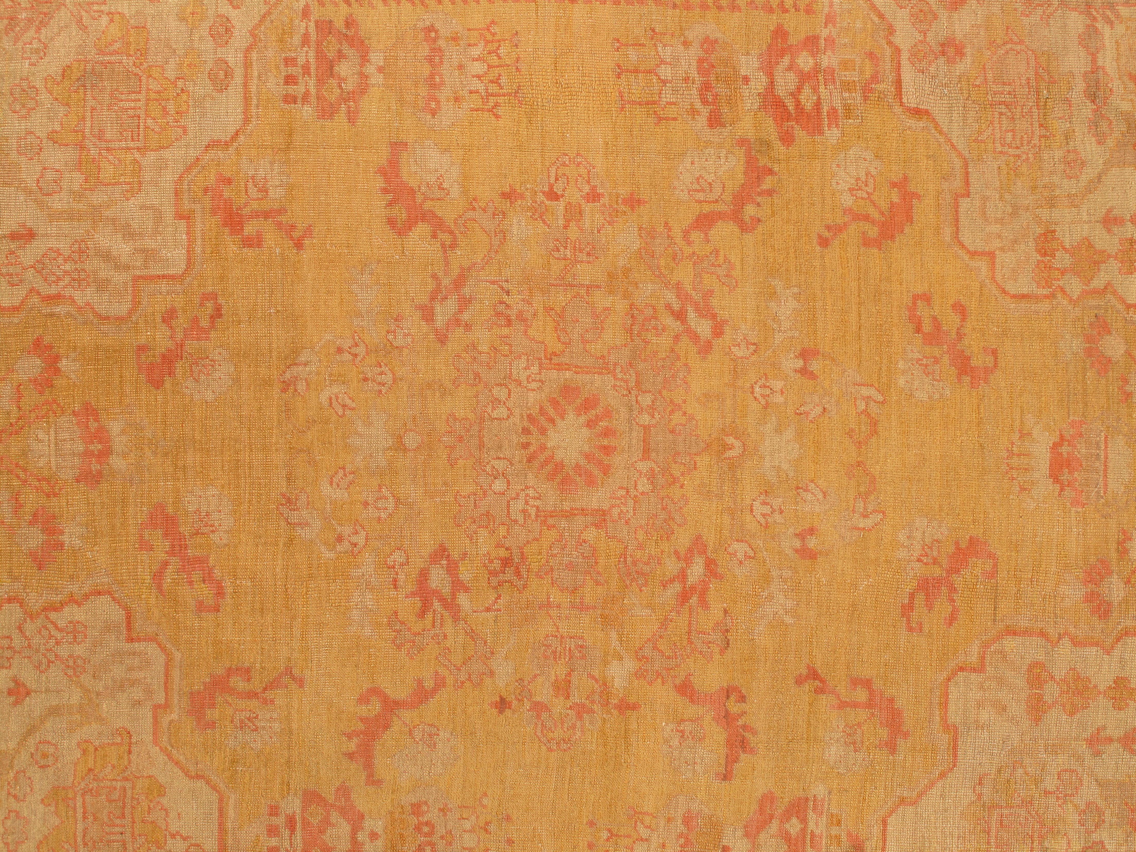 19th Century Antique Turkish Oushak Carpet, Handmade Oriental Rug, Gold, Taupe, Shrimp Coral For Sale