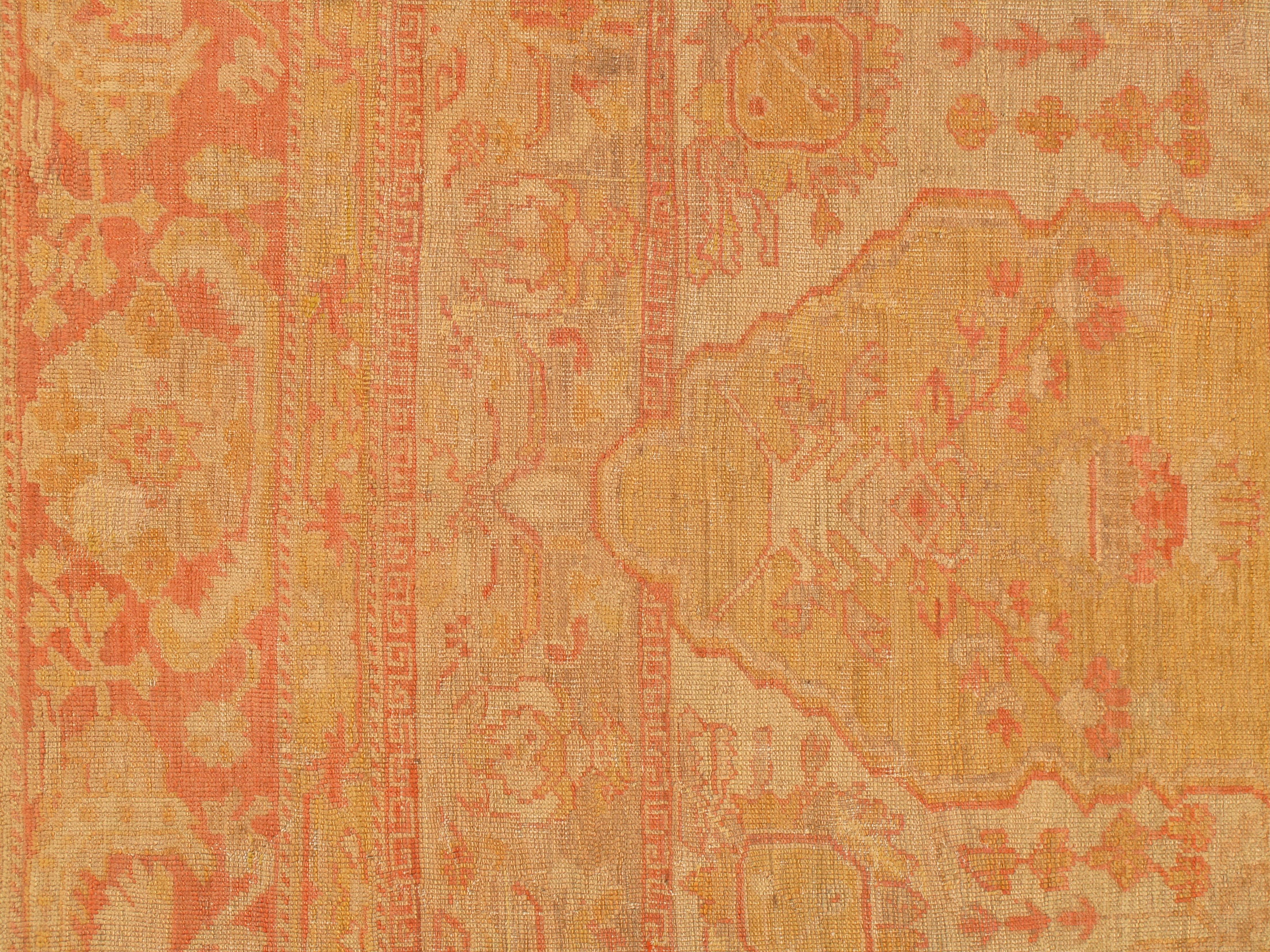 Wool Antique Turkish Oushak Carpet, Handmade Oriental Rug, Gold, Taupe, Shrimp Coral For Sale