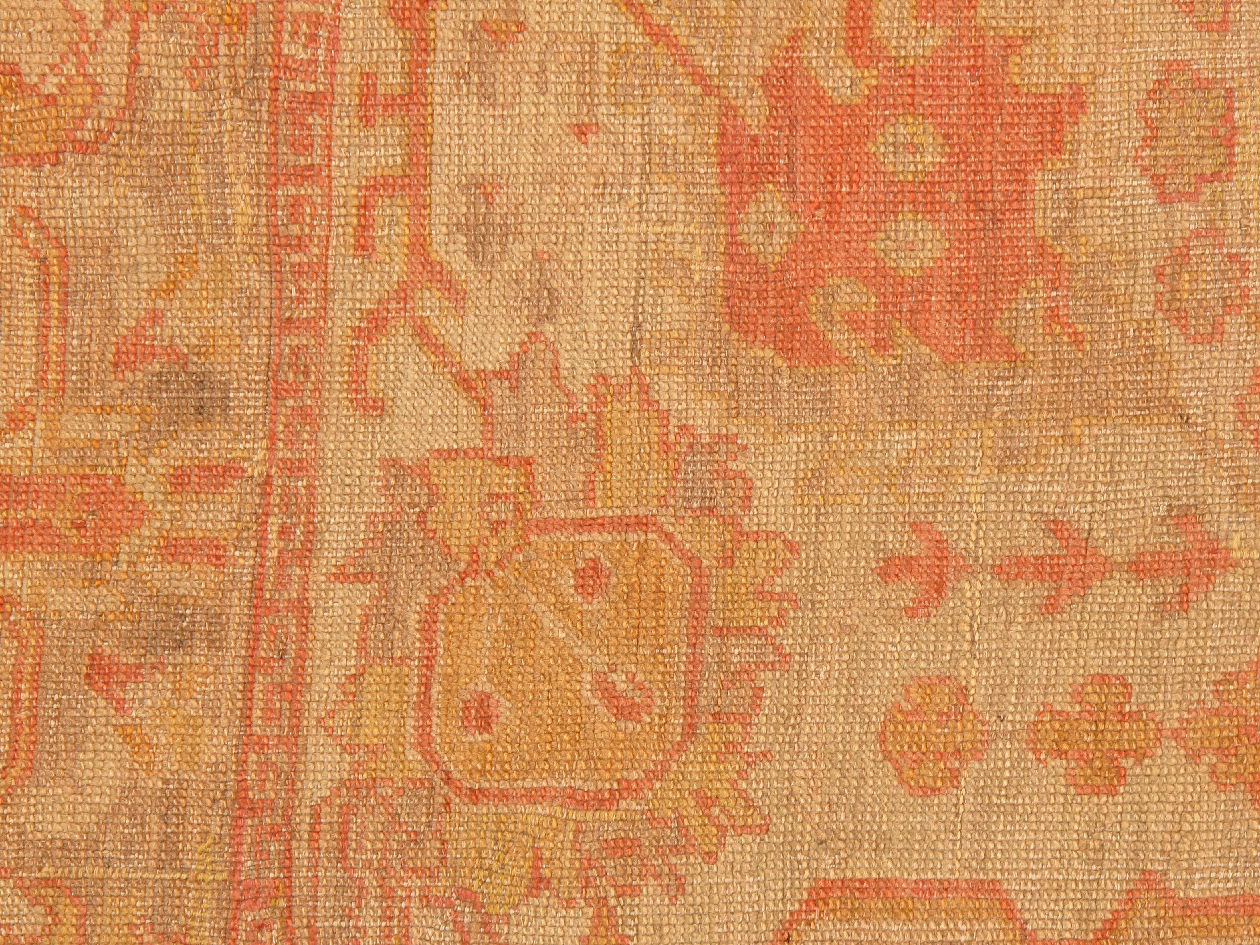 Antique Turkish Oushak Carpet, Handmade Oriental Rug, Gold, Taupe, Shrimp Coral For Sale 1