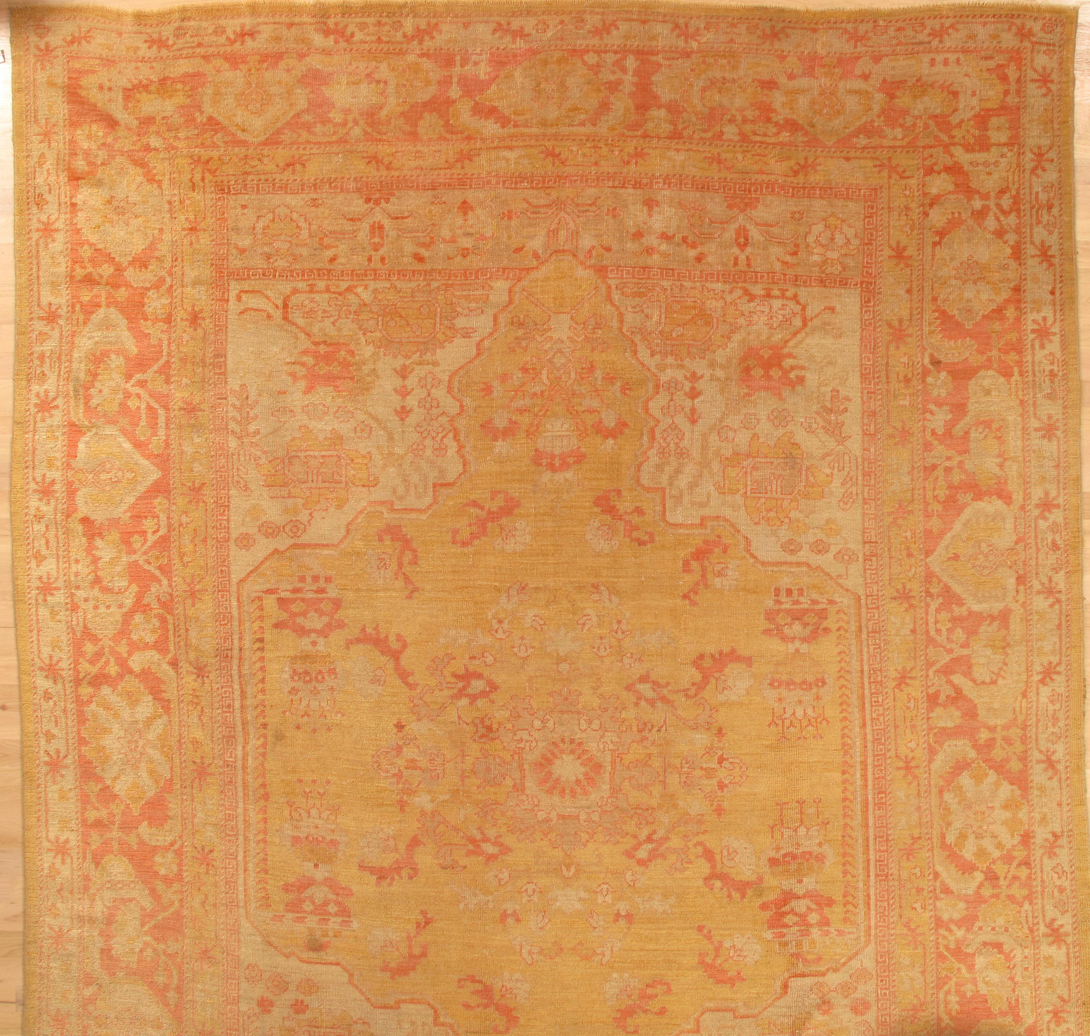 Antique Turkish Oushak Carpet, Handmade Oriental Rug, Gold, Taupe, Shrimp Coral For Sale 3